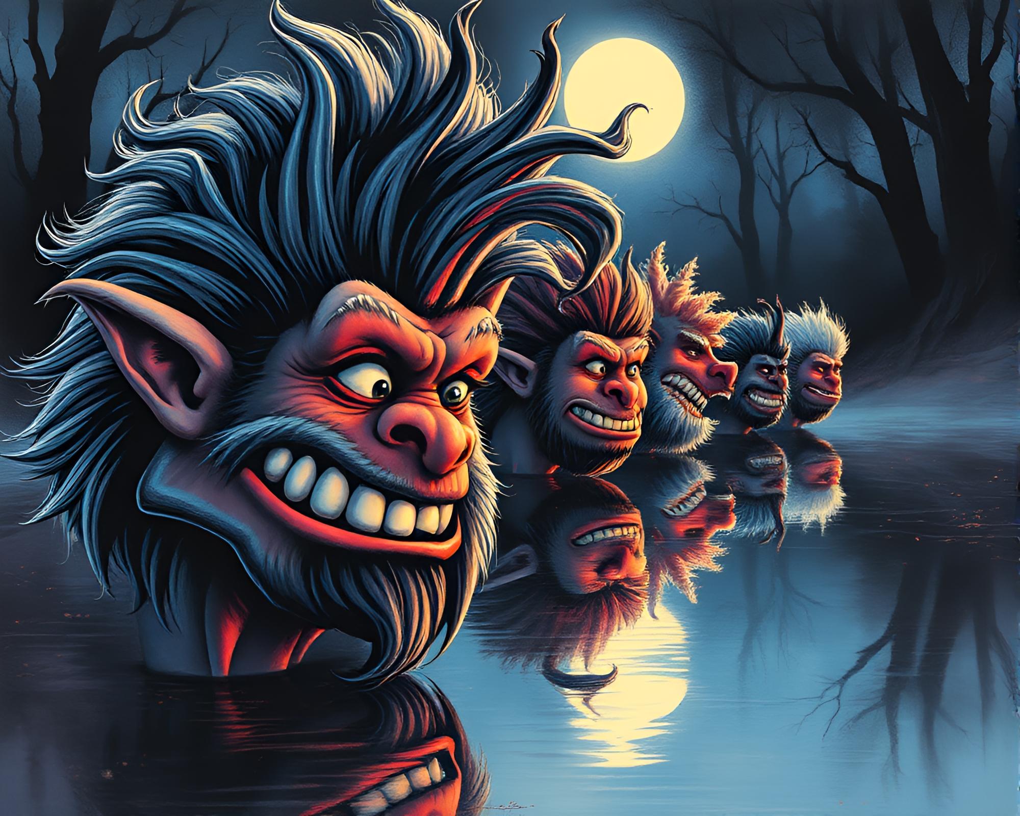 Glowing Cave Troll Reflecting in Crystal Waters – free AI stock image
