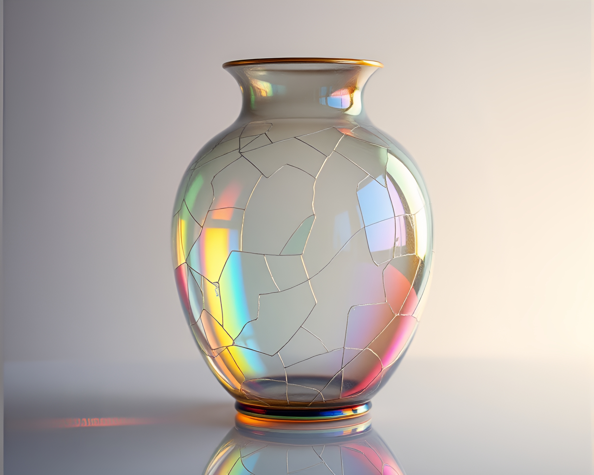 Vibrant Spectrum Cloisonné Vase Reflection in Broken Glass – free AI stock image