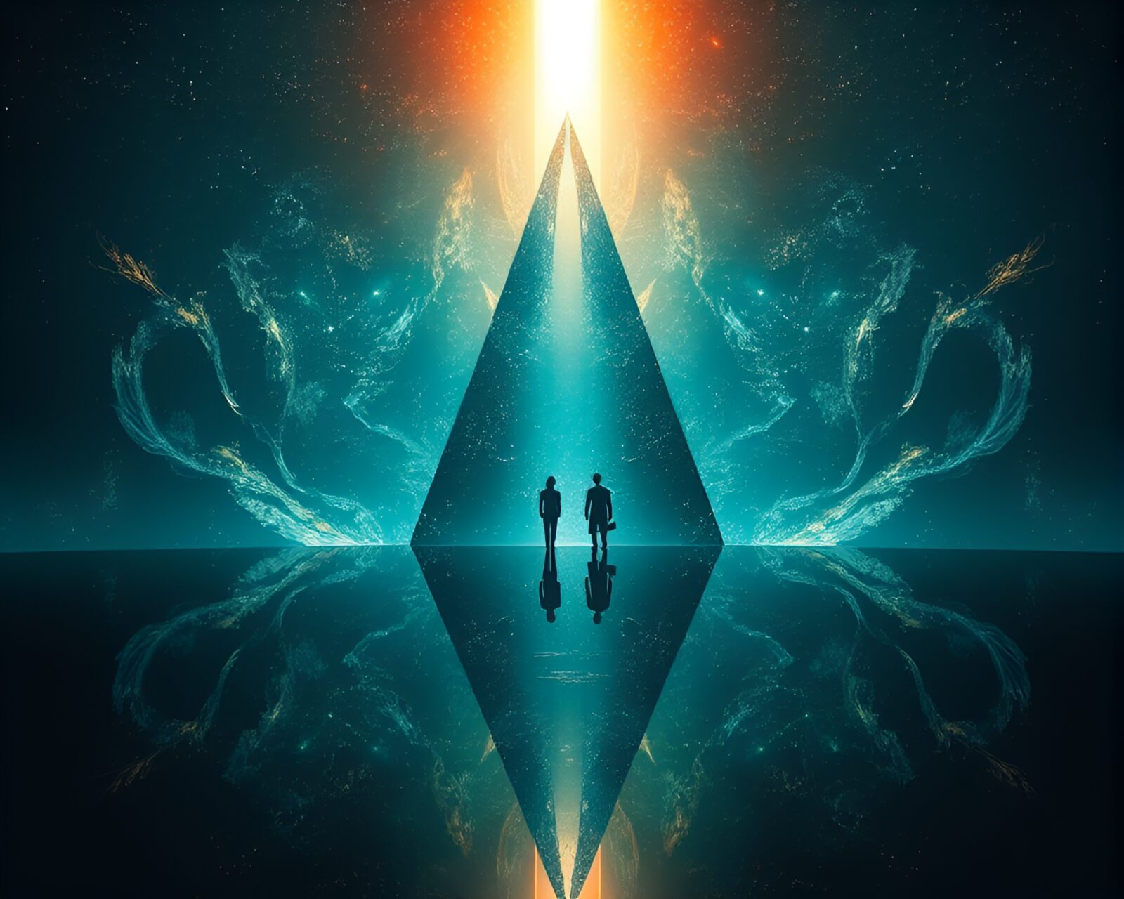 Backlit silhouette of a portal seen through a mirror shard