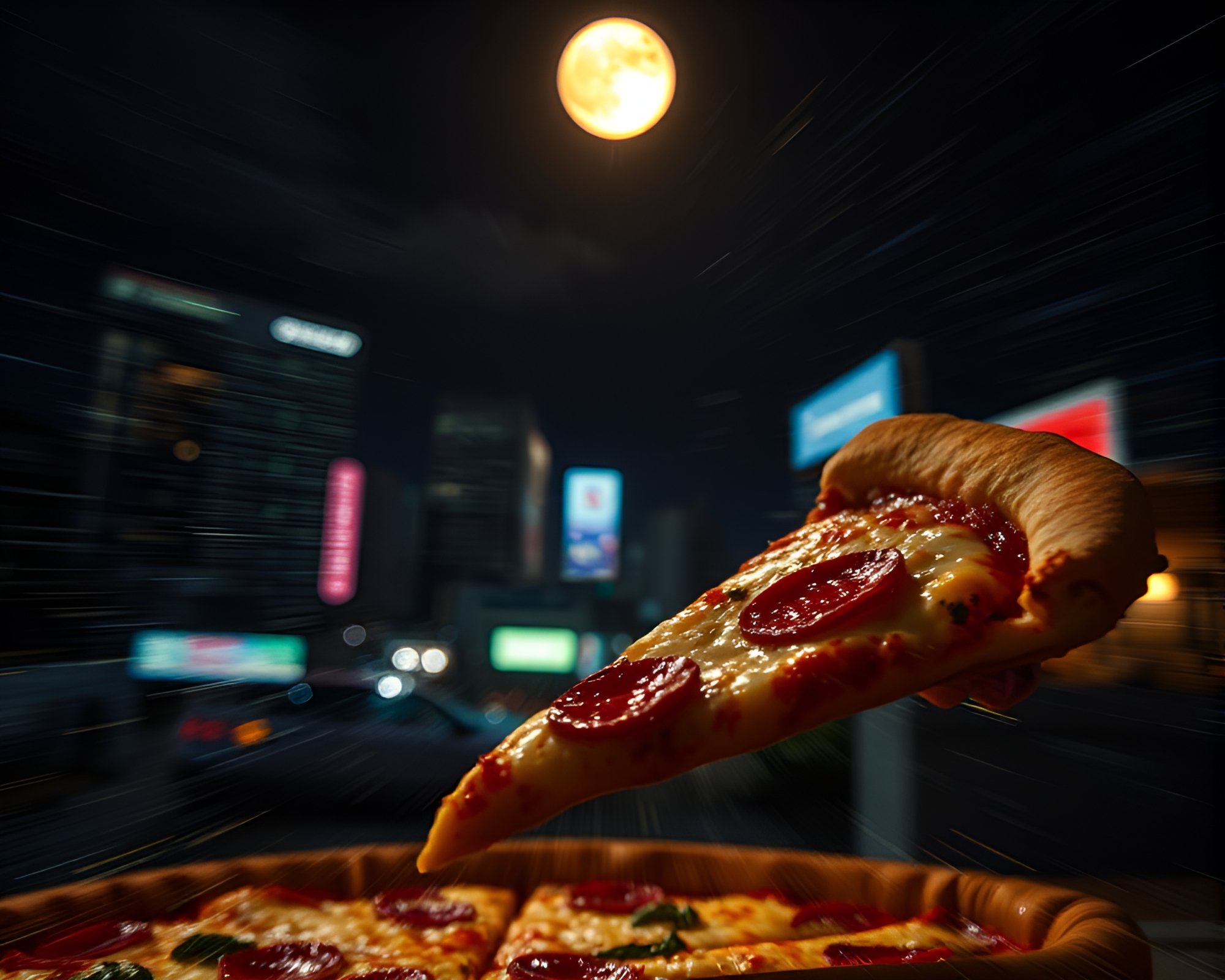 Moonlit Cybernetic Pizza Slice Pan Blur – free AI stock image