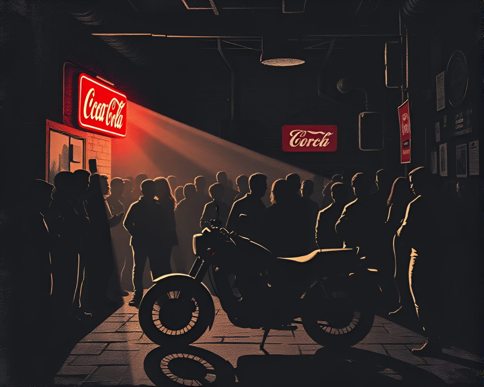Neon bikes with silhouetted crowd against dark attic background
