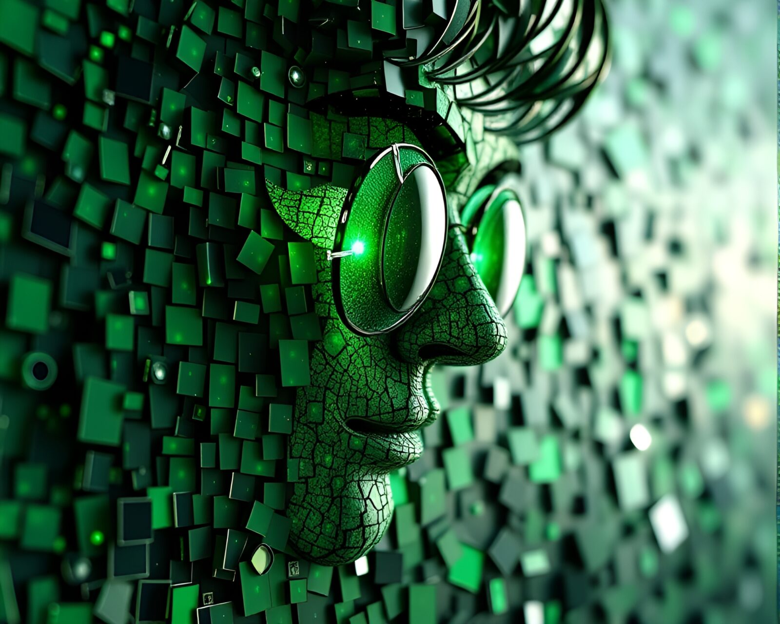 3D scan of fragmented emerald green time traveler scene