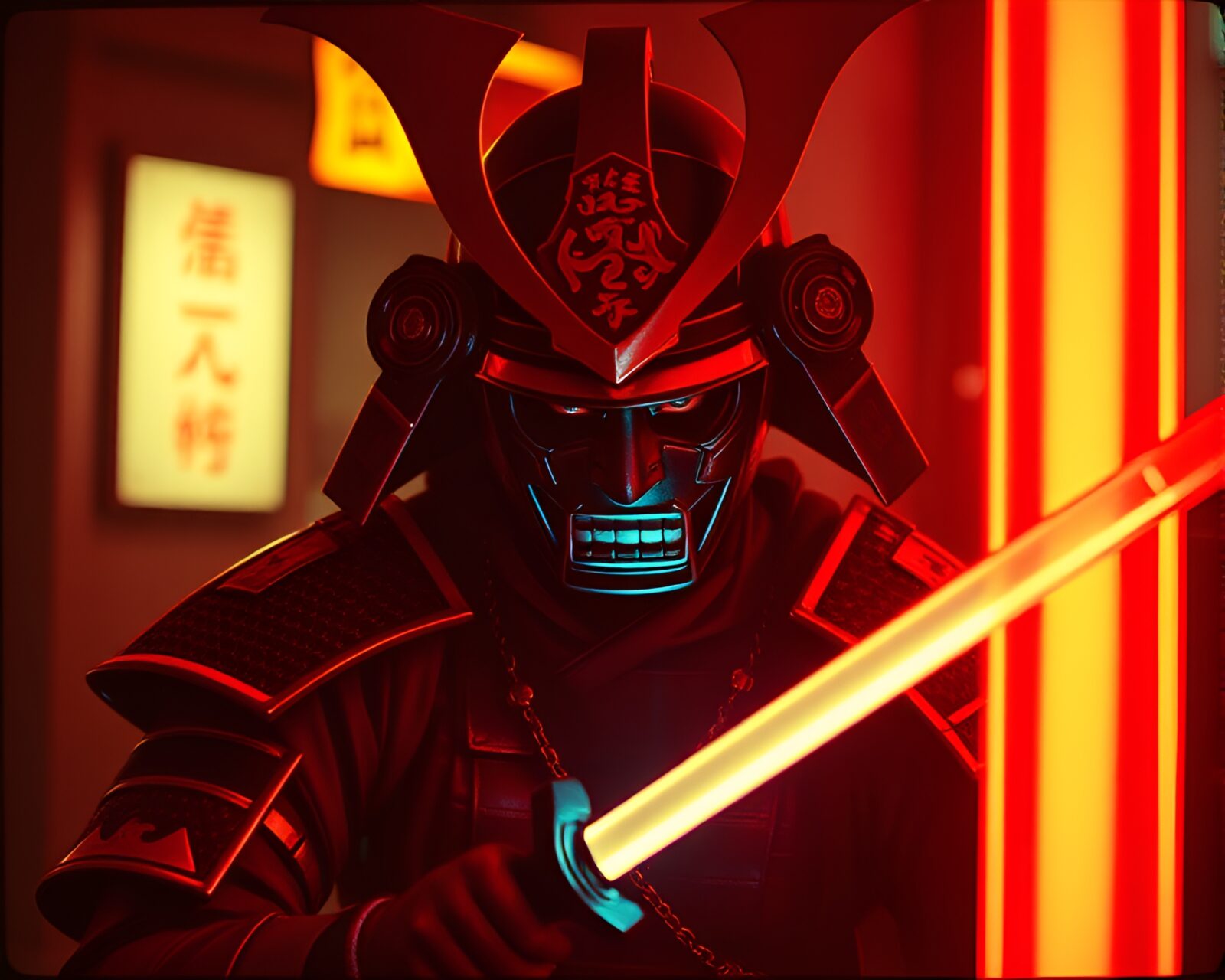 Silhouetted samurai with glowing neon tubing against dark background