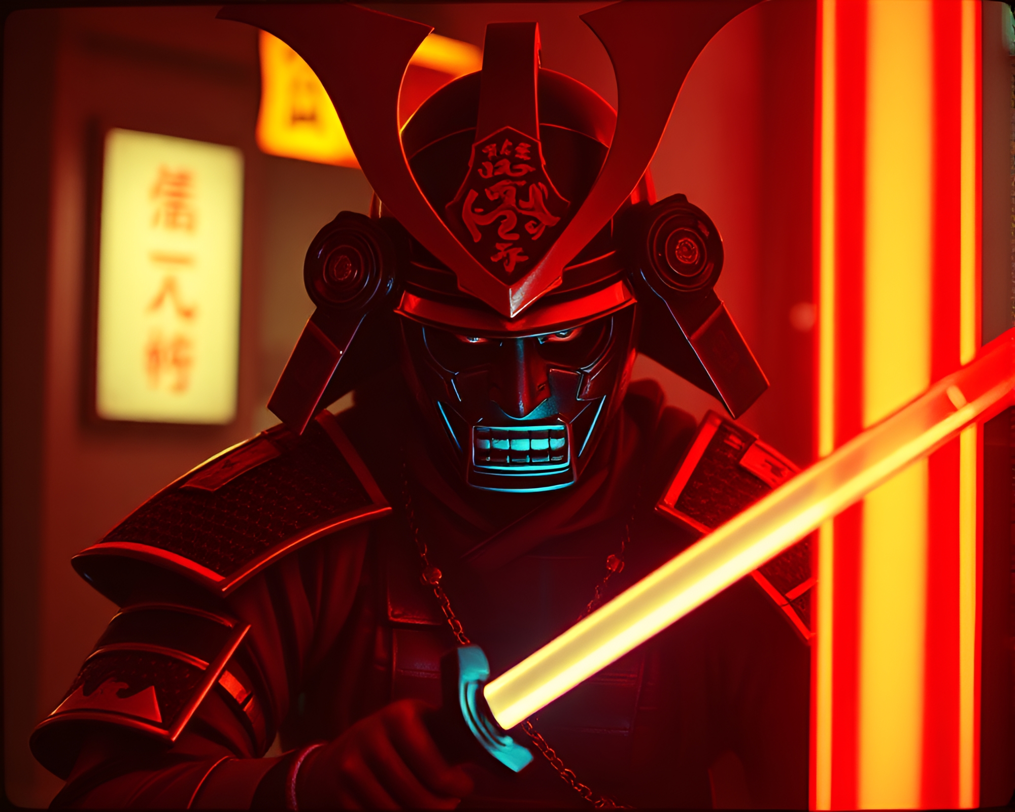 Neon Samurai Warrior in Chiaroscuro Light – free AI stock image