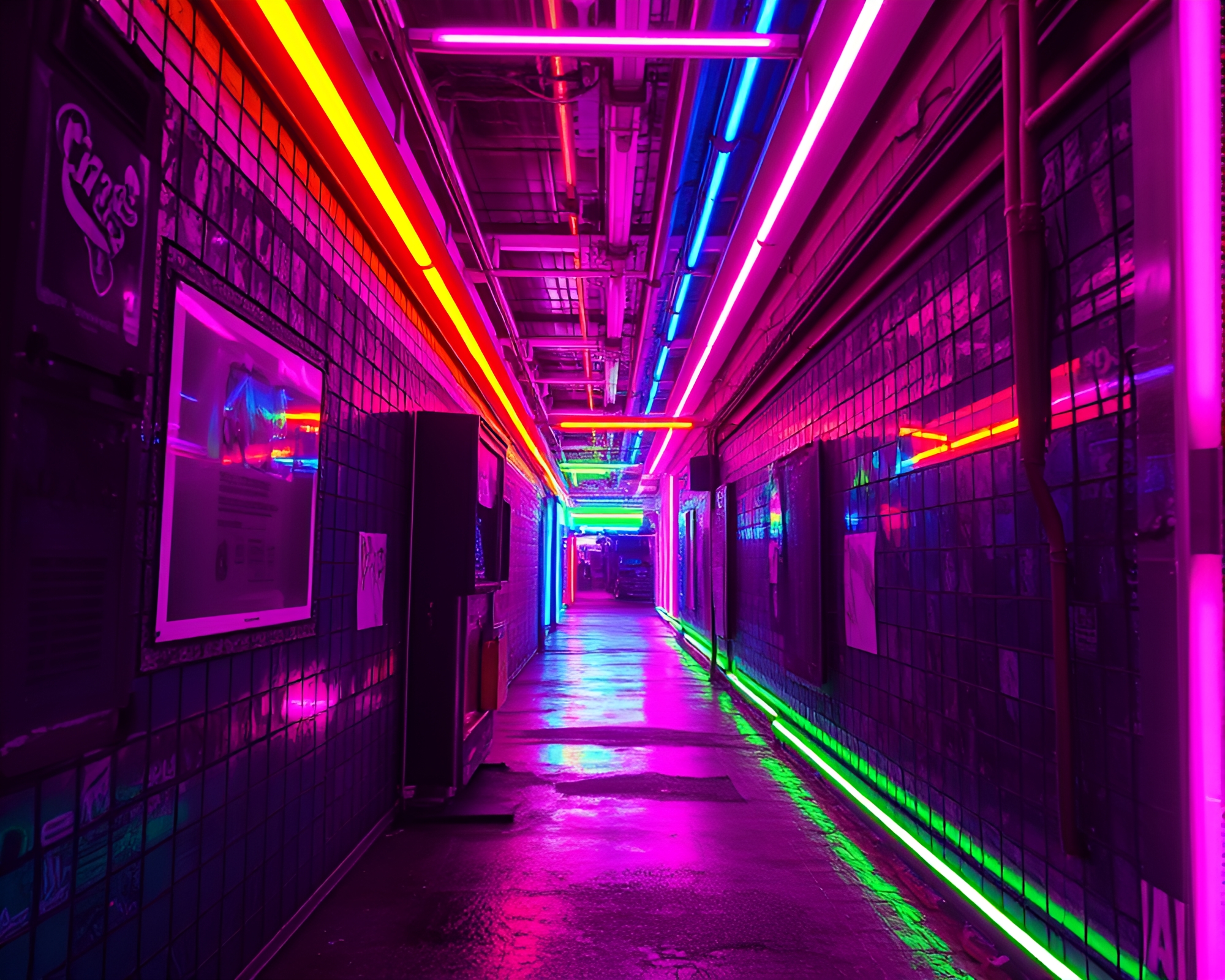 Glowing Cyberpunk Alley with Cosmic Neon Lighting – free AI stock image