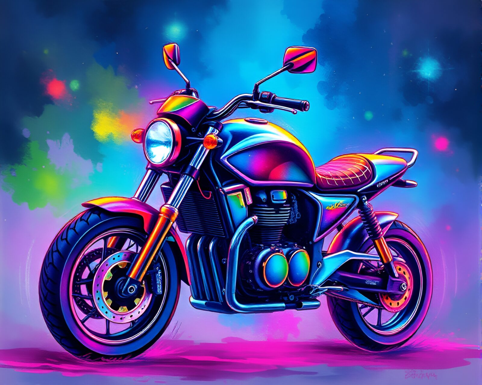 Vibrant watercolor painting of neon galaxy-inspired motorcycle