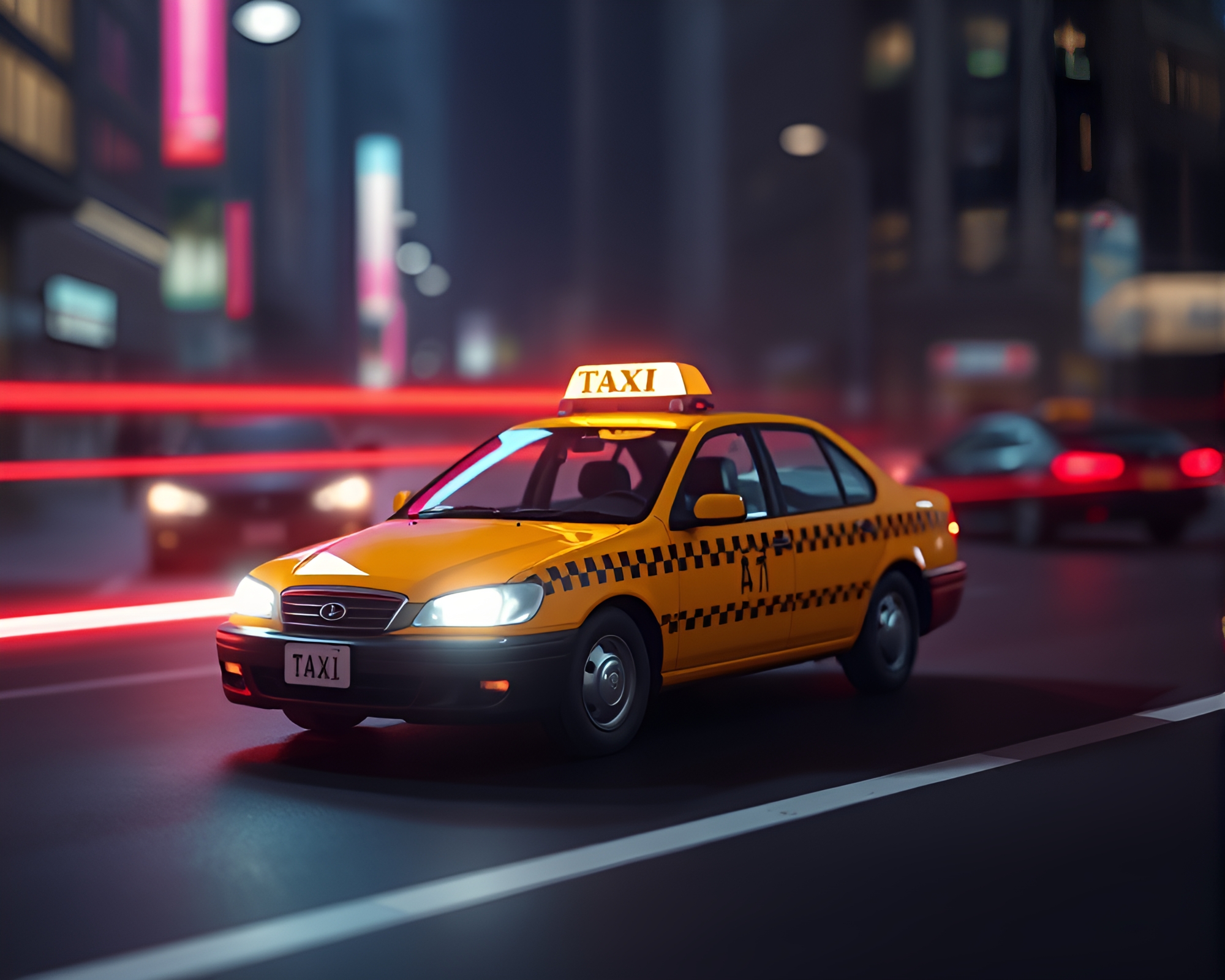 Cityscape Chase: Taxi vs. Laser Sword Streak – free AI stock image