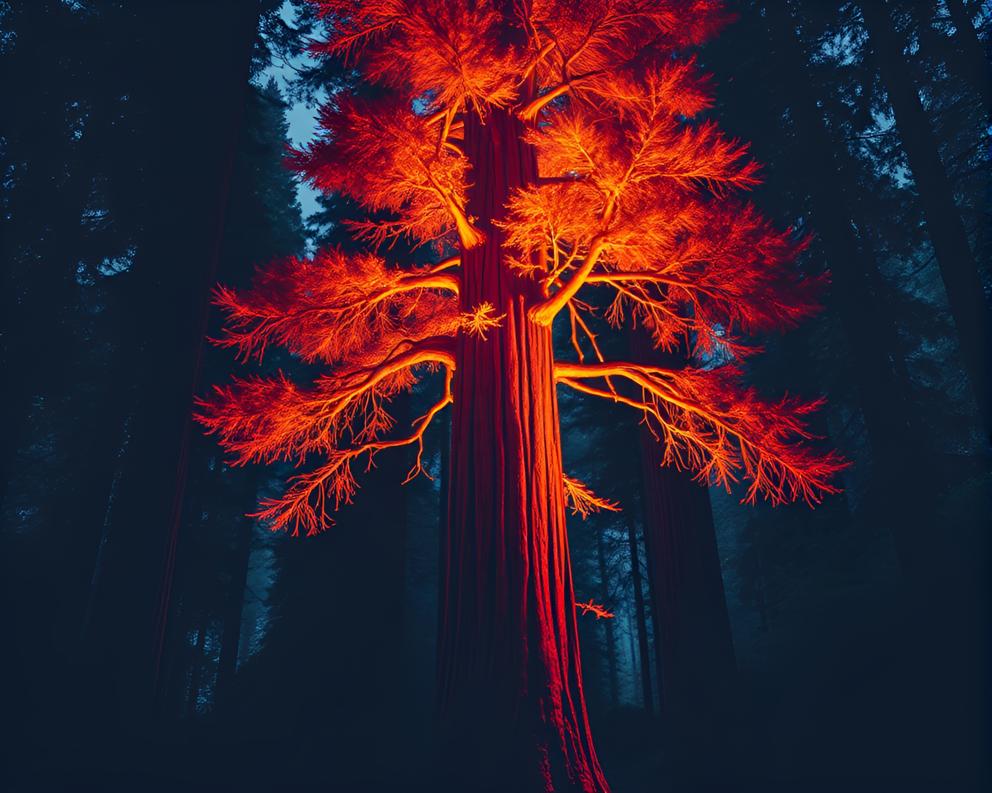 Gilded Redwood Forest Blueprint with Neon Lights – free AI stock image