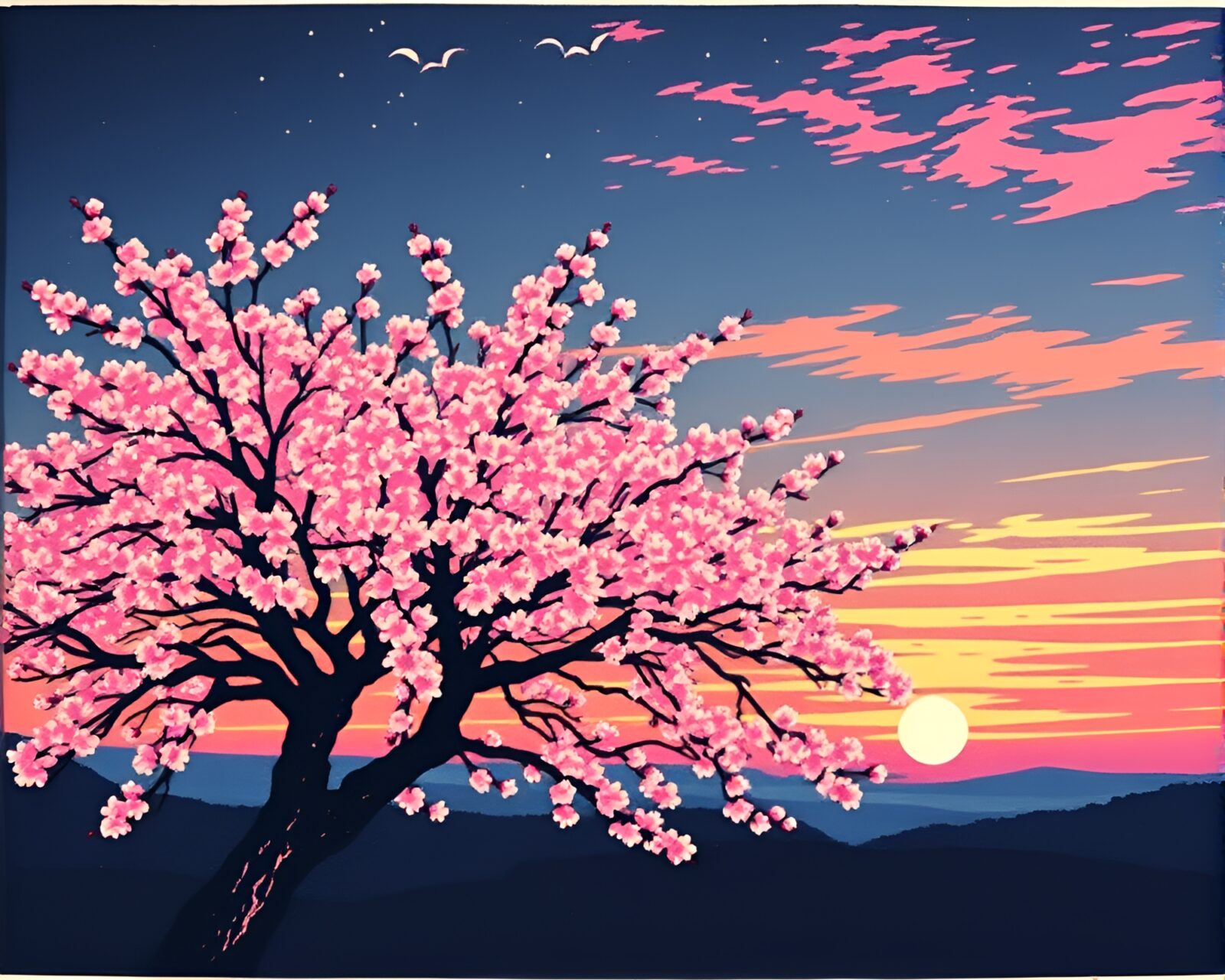 A magical cherry blossom tree under an LED pixelated sky at golden hour dusk