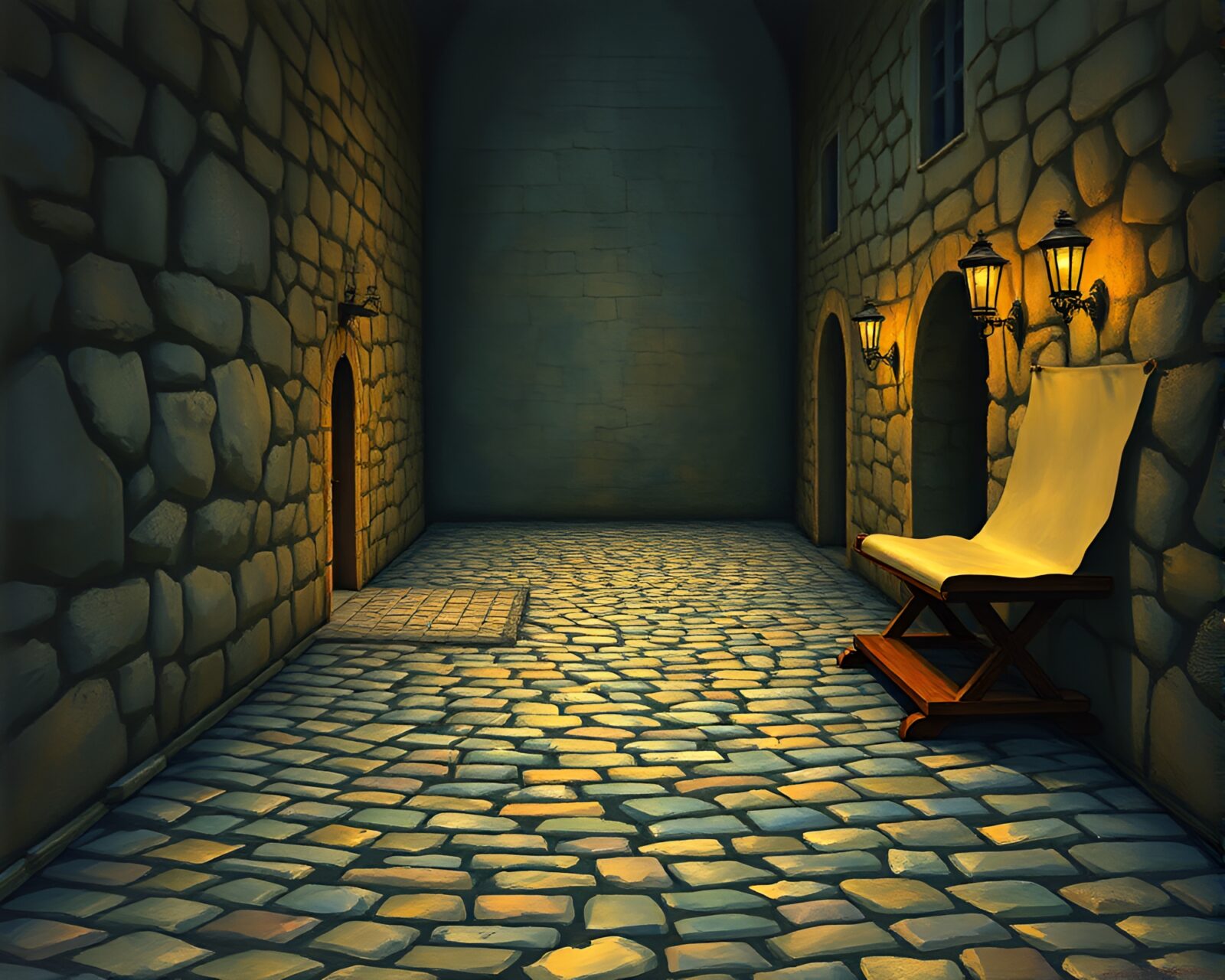 Fantasy scene of cobblestone path with illuminated ancient scroll