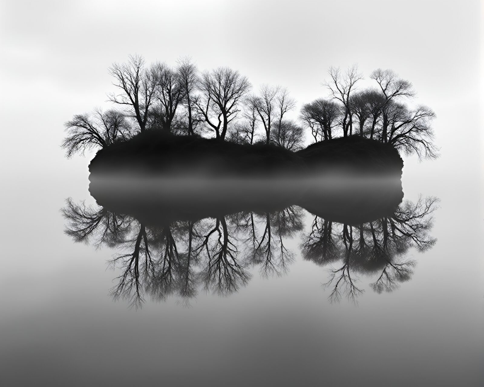 A haunting black and white image of eerie double reflection on floating island