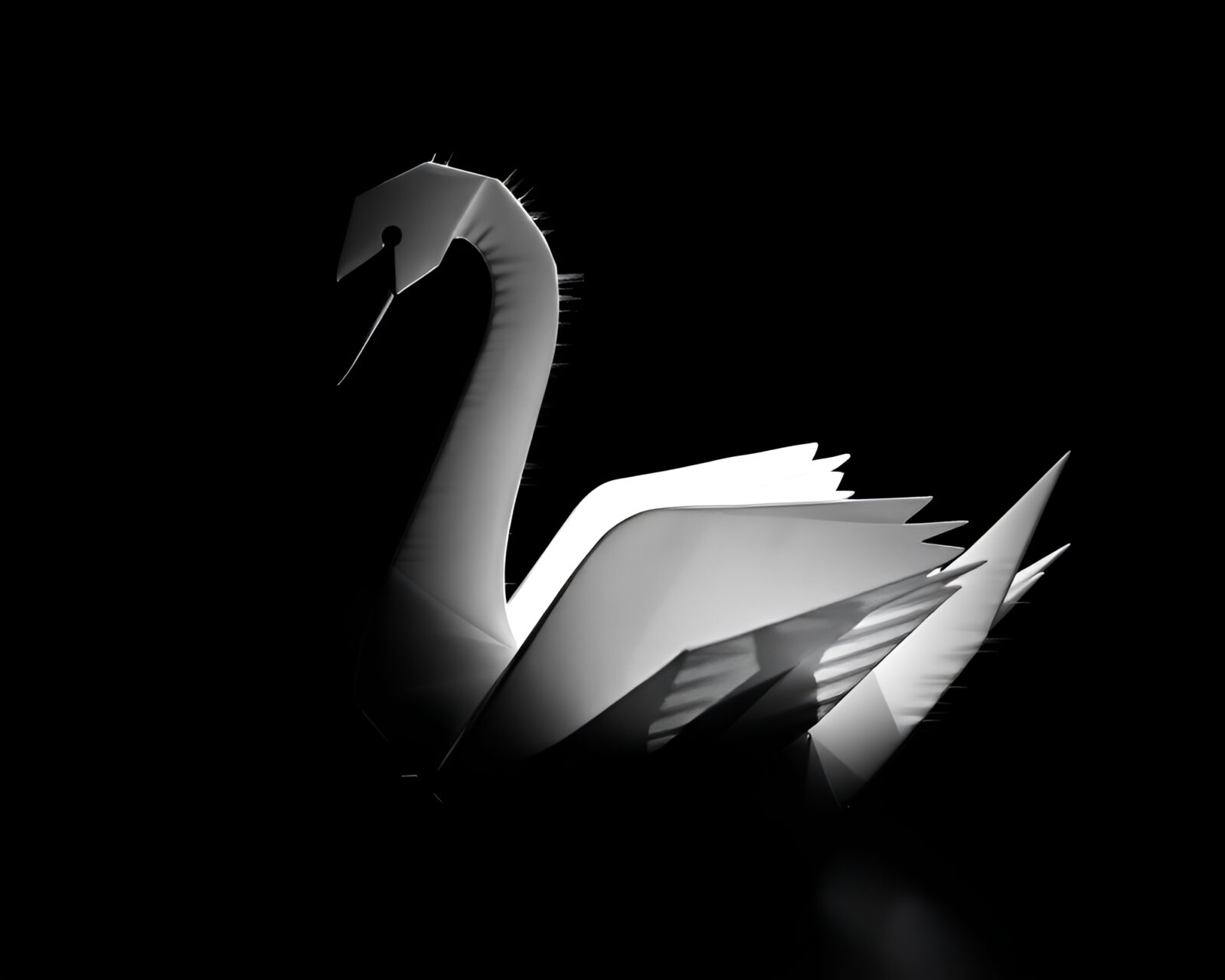 Shadowed origami swan in glitch art style
