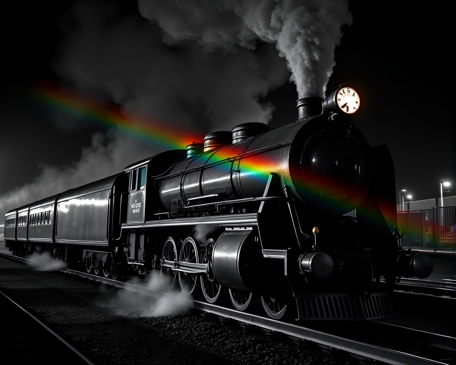 Vintage train surrounded by colorful prisms in high-contrast lighting