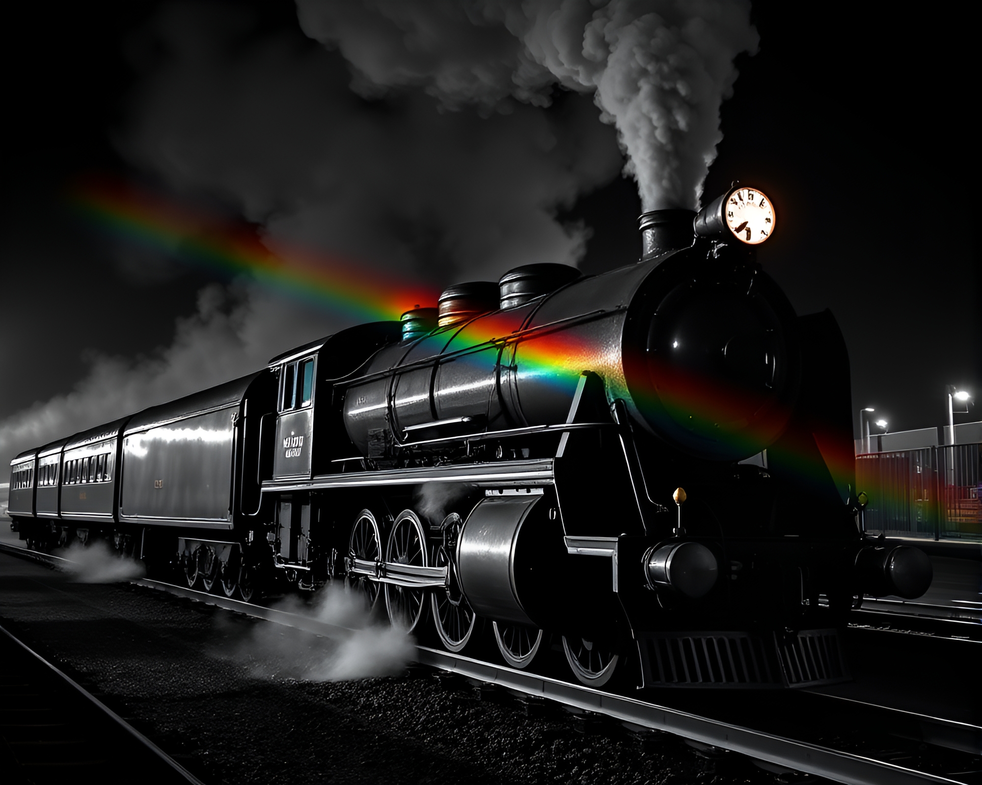 Steam locomotive in noir tri-tone rainbow refraction – free AI stock image