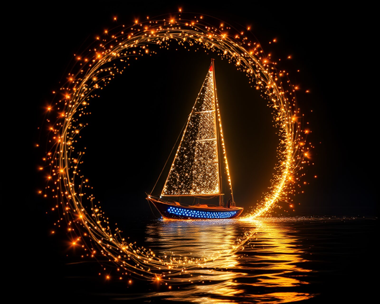 Glowing light painted sailboat surrounded by radiant spirals
