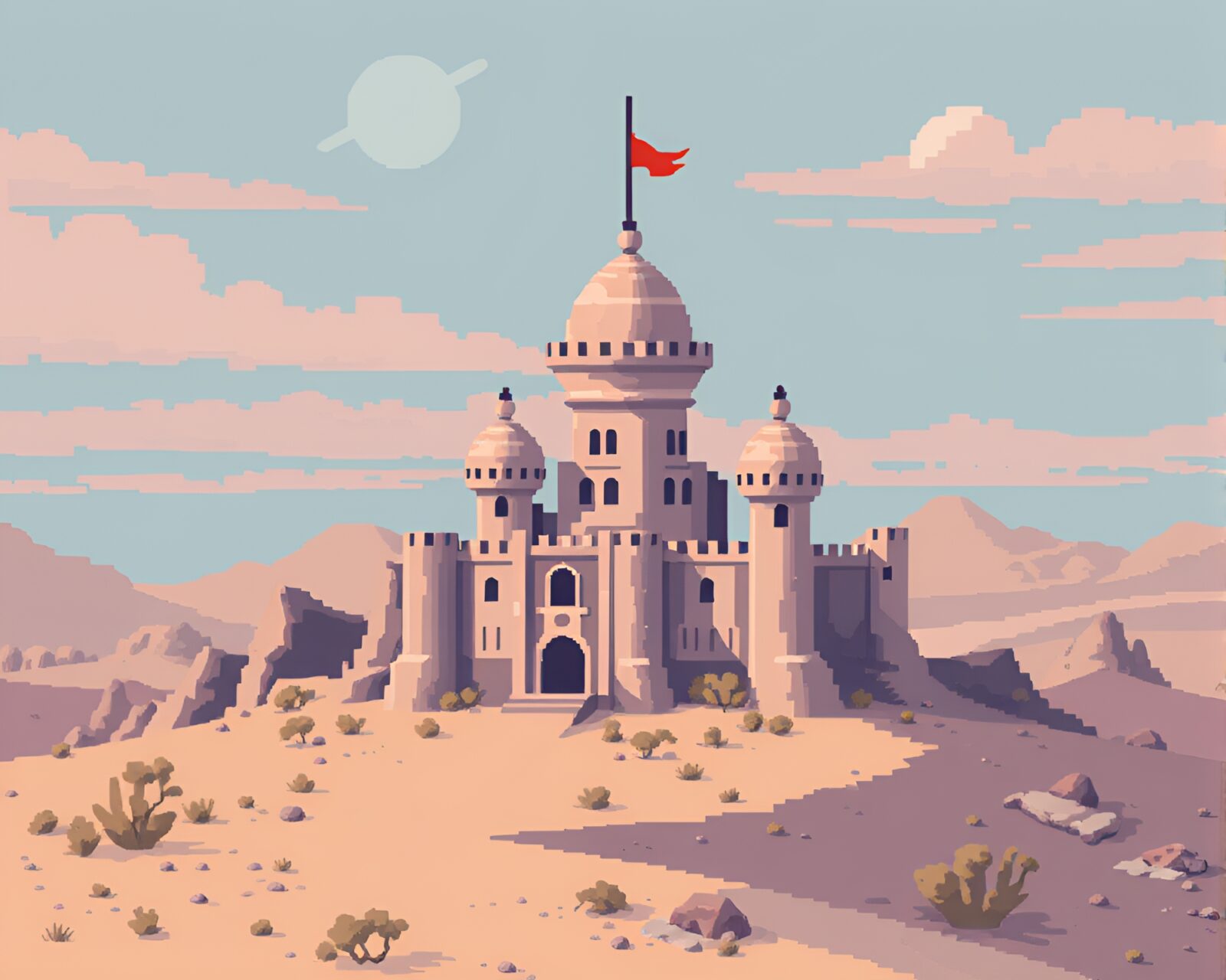 Pixel art deserted castle in pastel tones stitched pattern