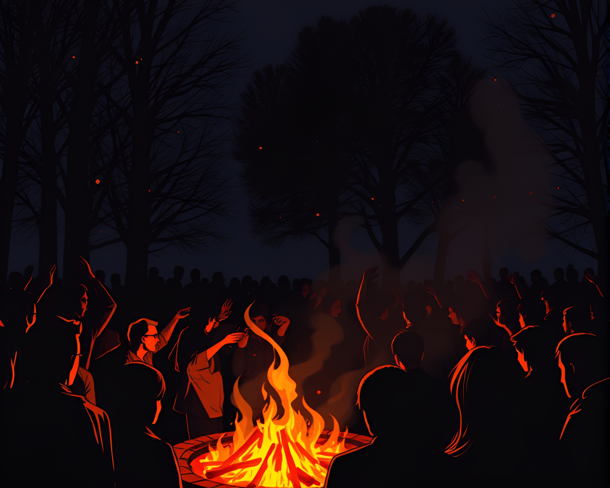 Manga Crowd Silhouette at Cheese Platter Bonfire Gathering – free AI stock image