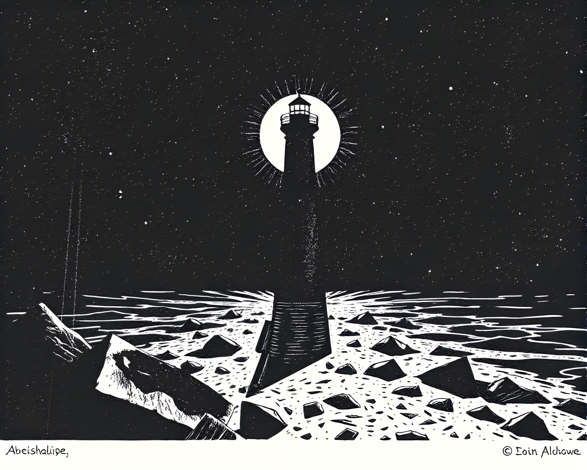 Eclipsed Abandonment: Glass Shards at Lighthouse – free AI stock image