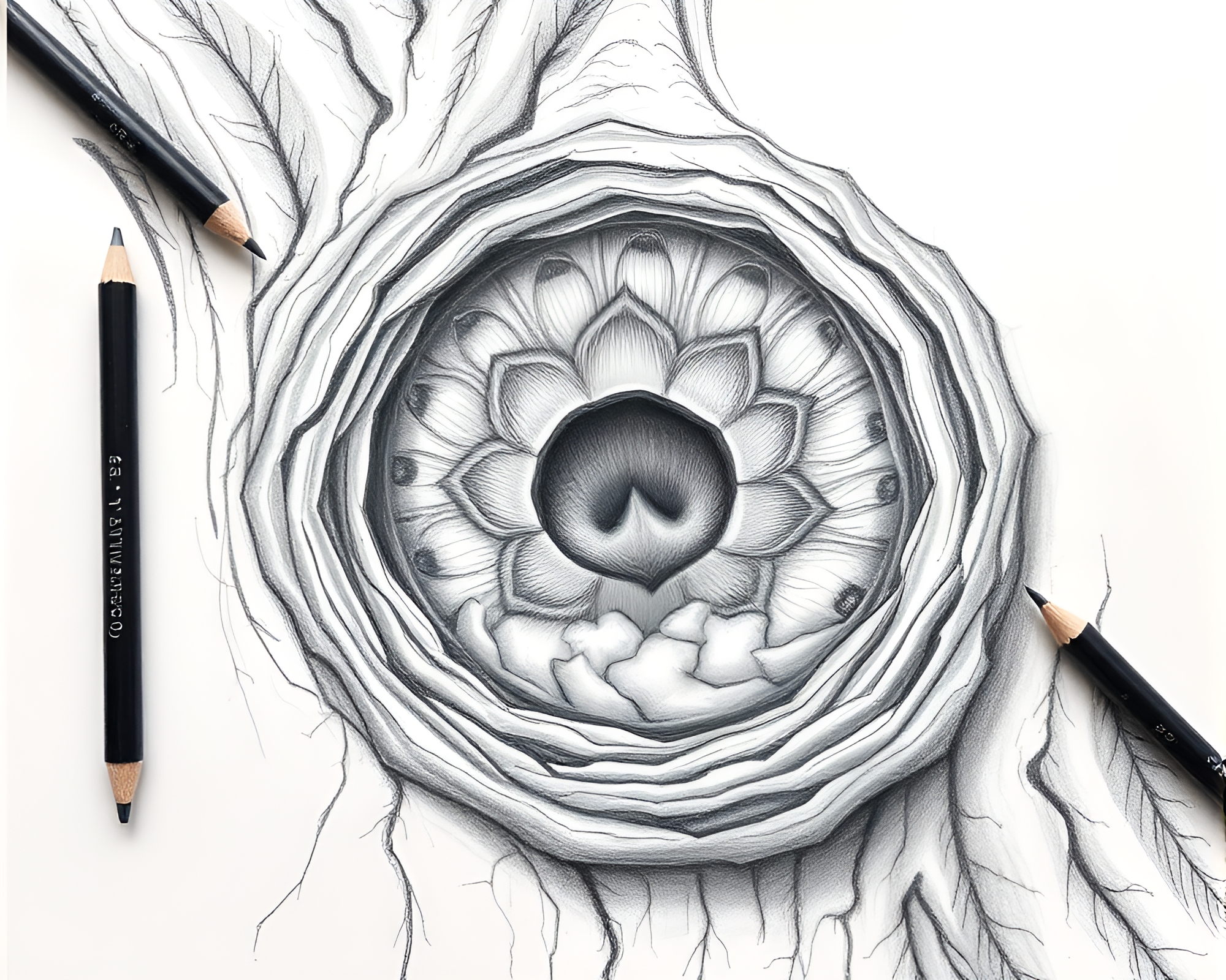 Enchanted Peacock Feather Tree Ring Sketch – free AI stock image
