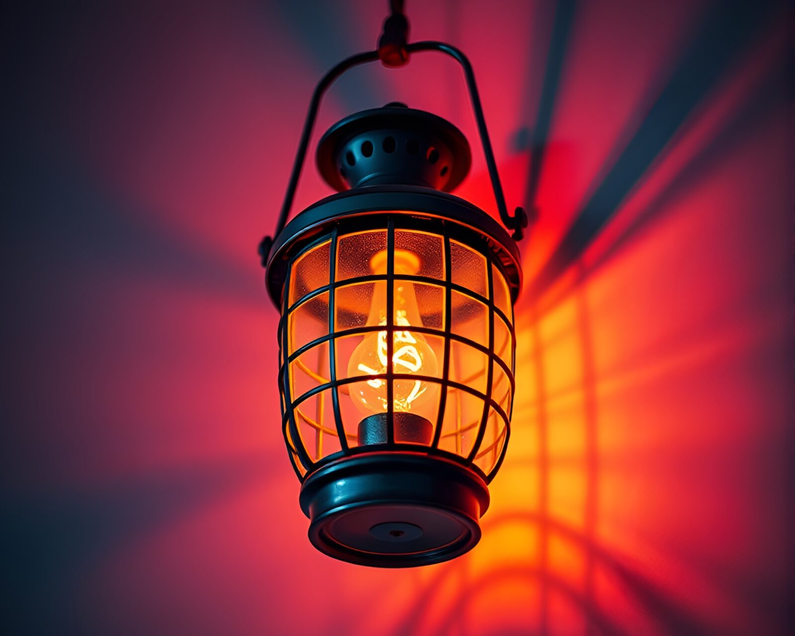 Dynamic Dutch angle view of vintage grid with glowing lanterns