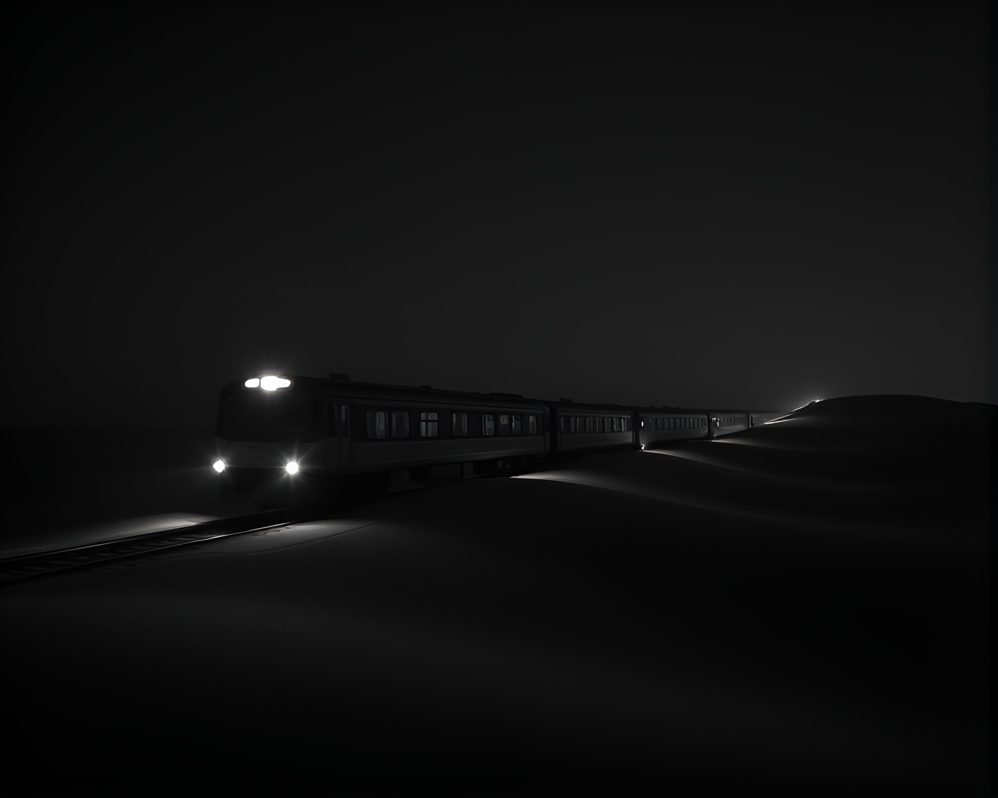 Retro Train Lights Speeding Through Noir Sand Dunes – free AI stock image