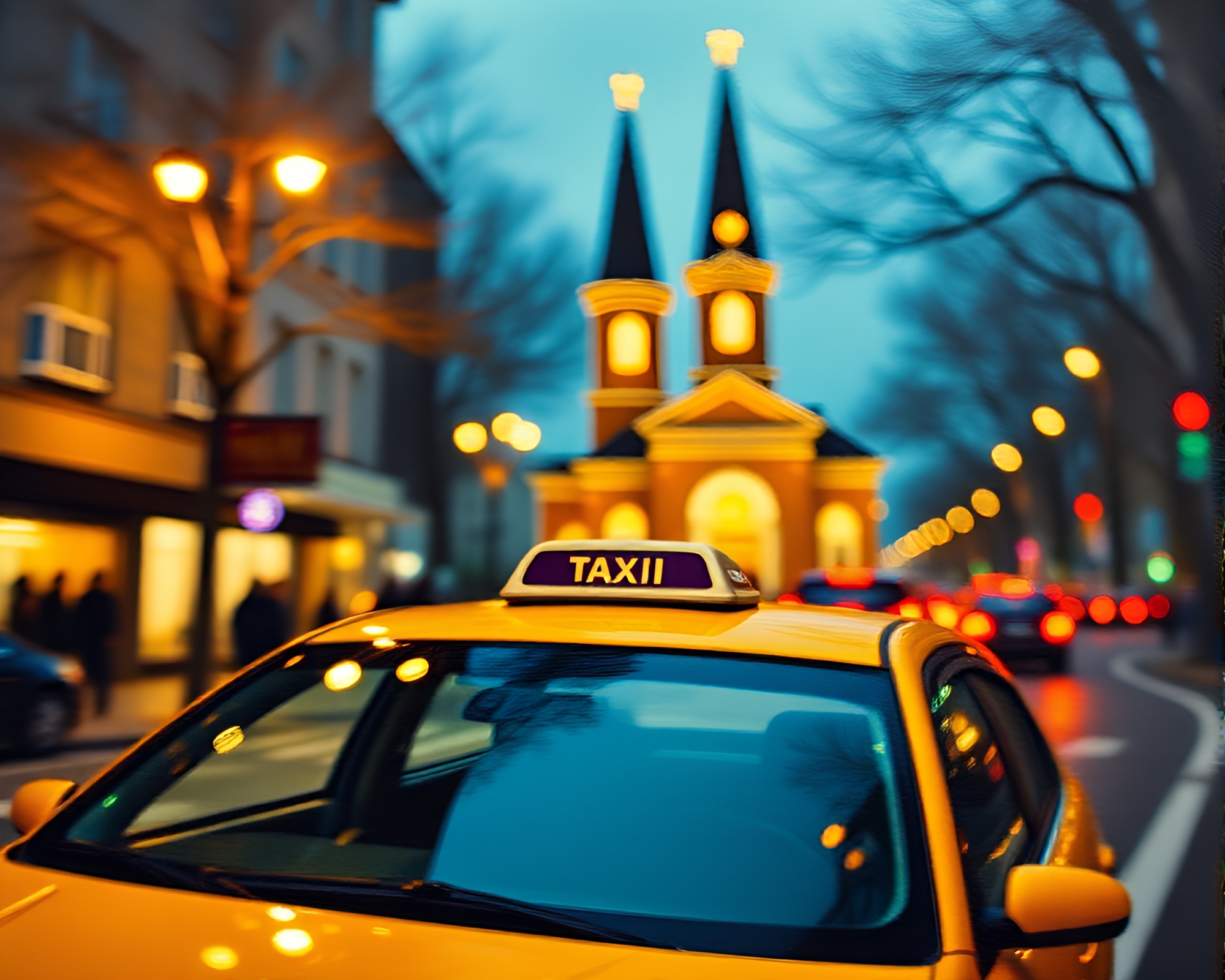 Taxi Rushes Past Ornate Hand-painted Fan in Candlelit Church – free AI stock image