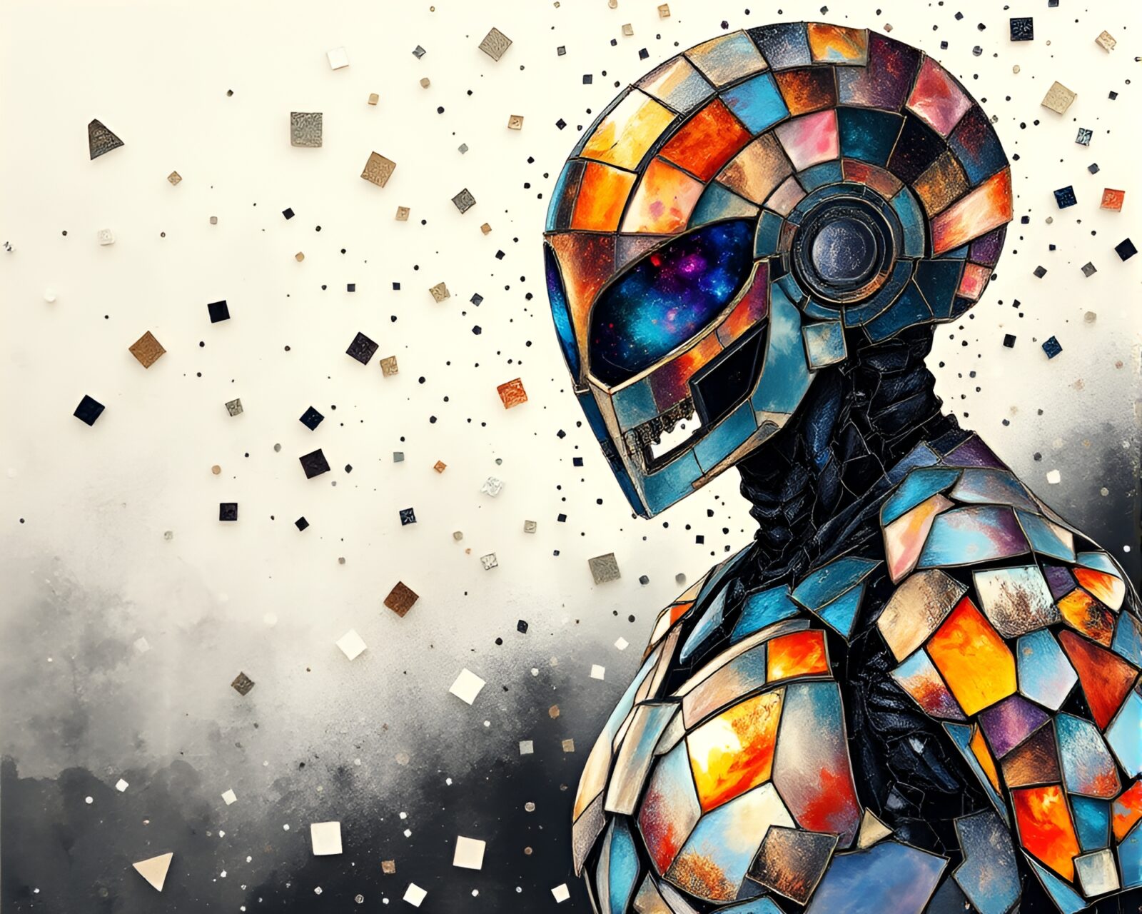 Fragmented exoskeleton with holographic sheen, painted in sumi-e style