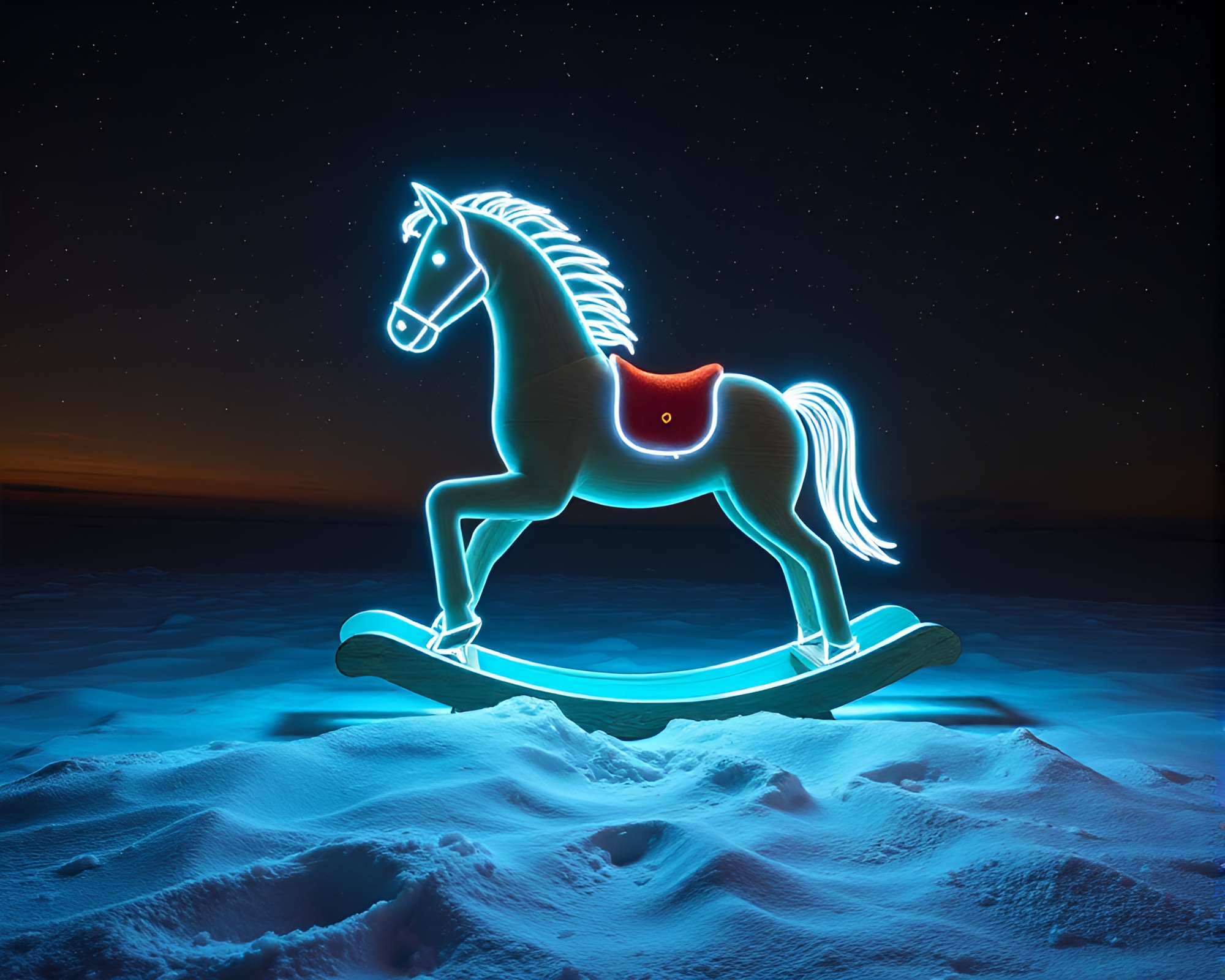 Enigmatic Wooden Rocking Horse Star Trails Neon Glow – free AI stock image