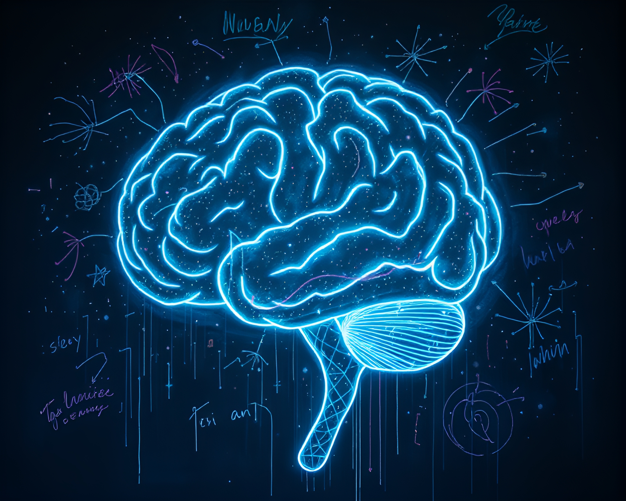 Glow-in-the-Dark AI Brain Chalk Art Fresco – free AI stock image