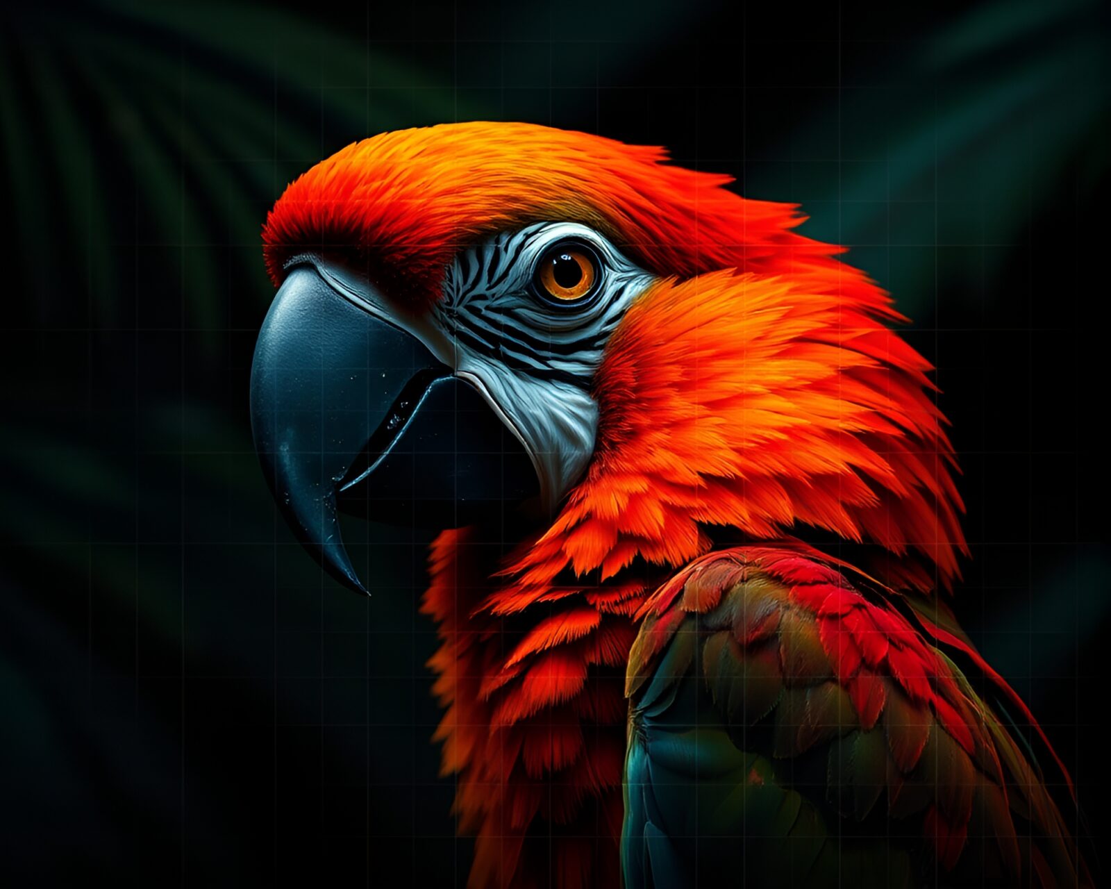 Tropical parrot in striking chiaroscuro lighting against grid overlay.