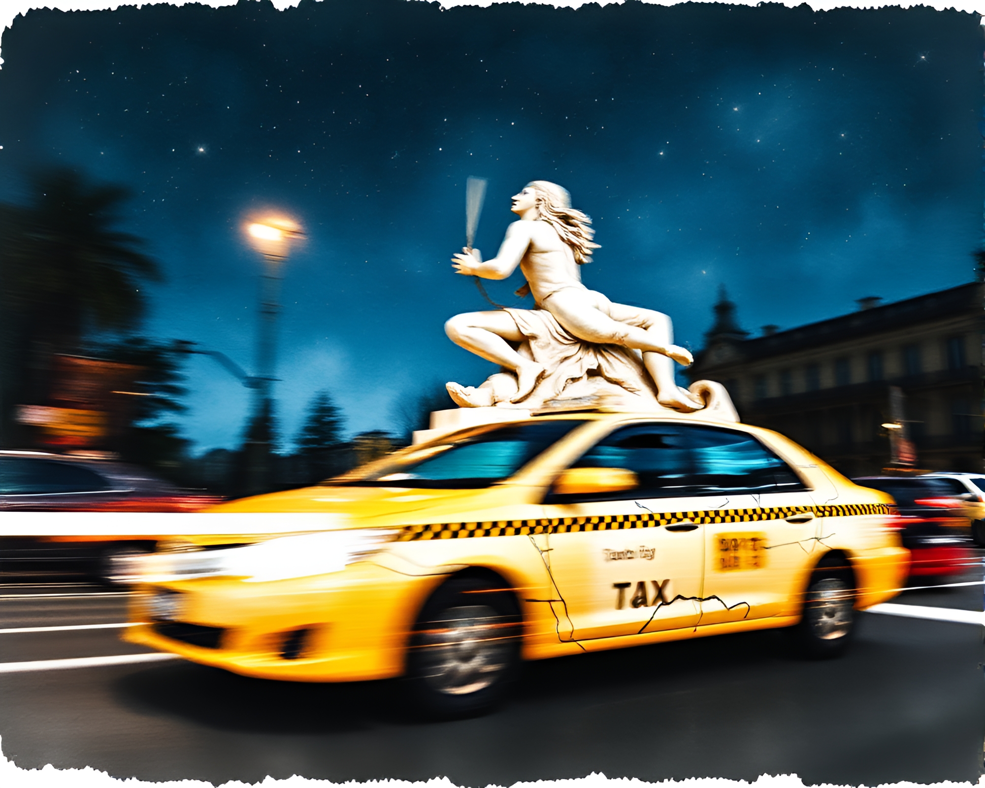 Taxi Streaks Past Marble Statue Under Starlit Sky – free AI stock image