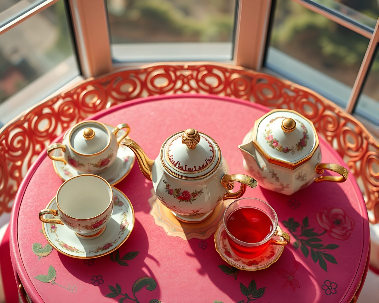A bird's eye view of a utopian tea party with jewel tones