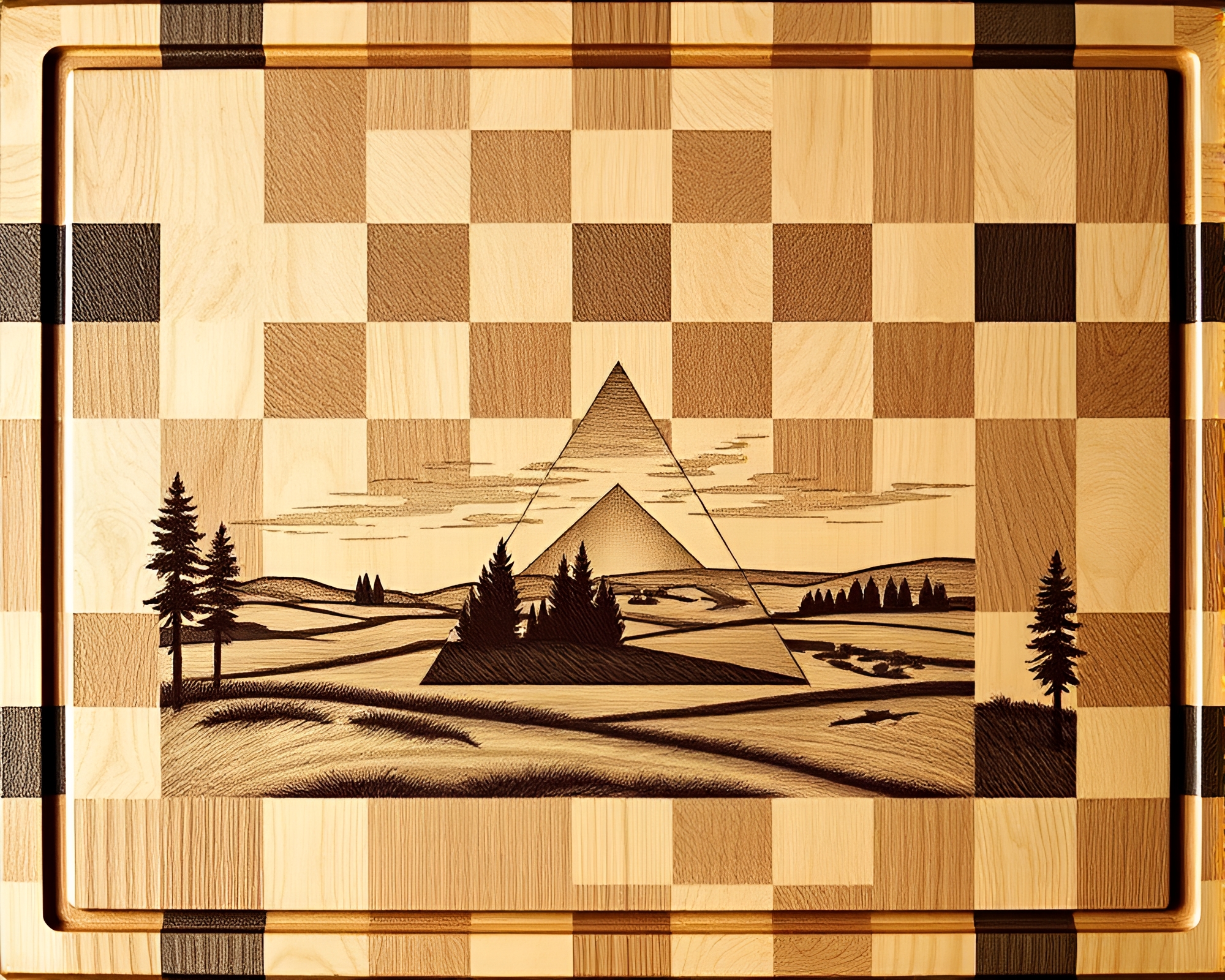 Prismatic Charcuterie Board on Checkered Landscape Etching – free AI stock image