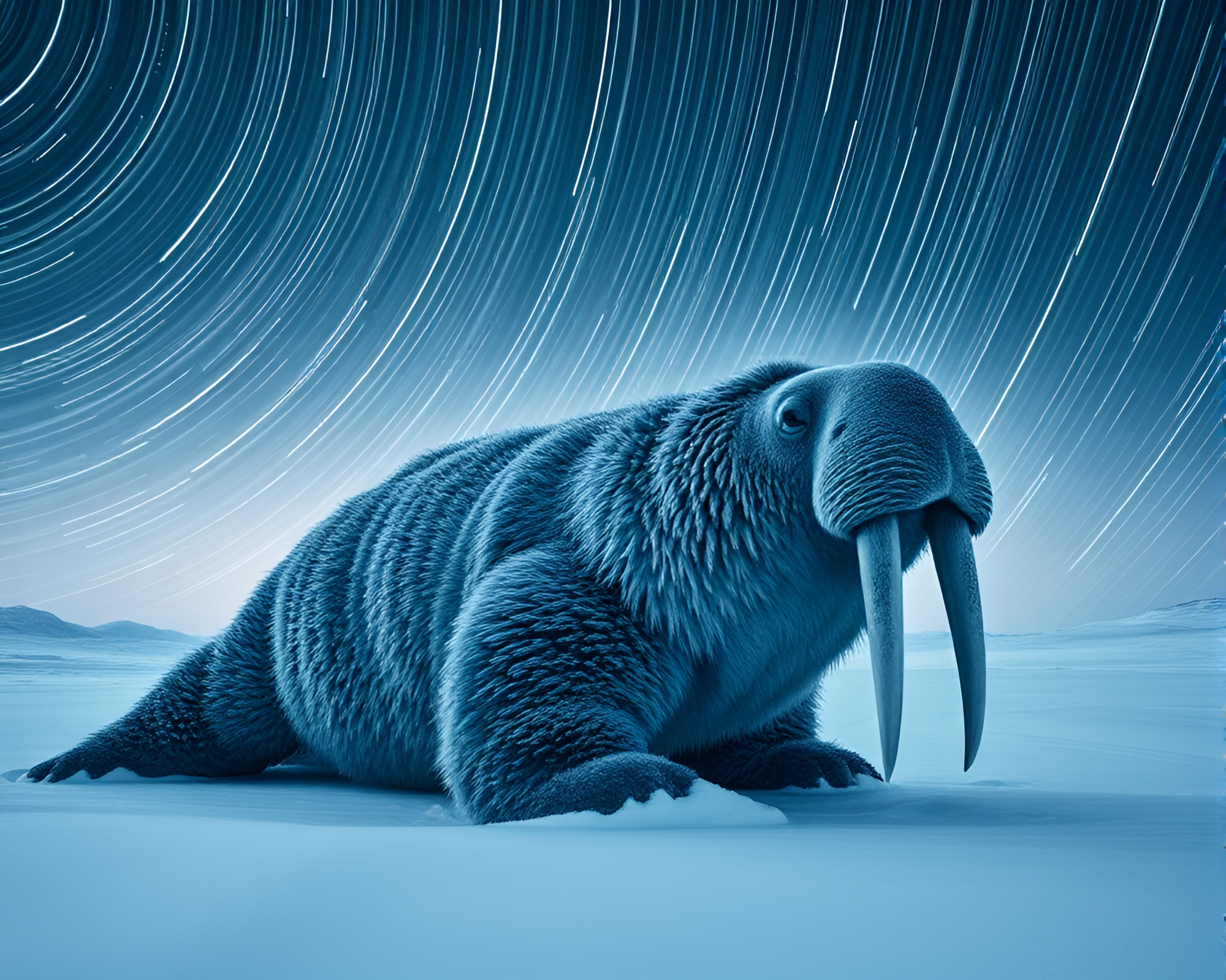 Snow-Kissed Walrus Under Star Trails – free AI stock image