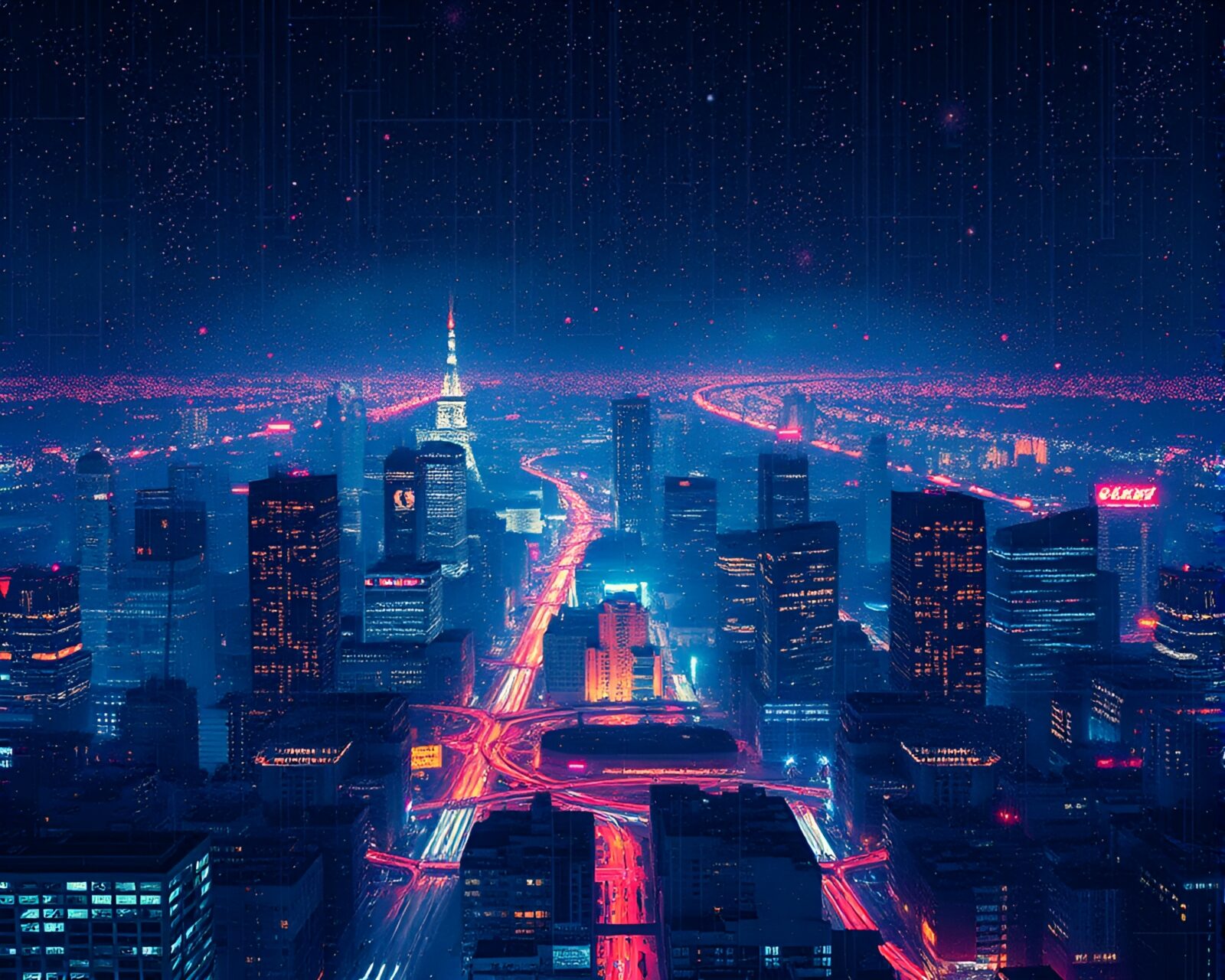 An eerie scene of cosmic horror in a city at night, created using generative adversarial network art