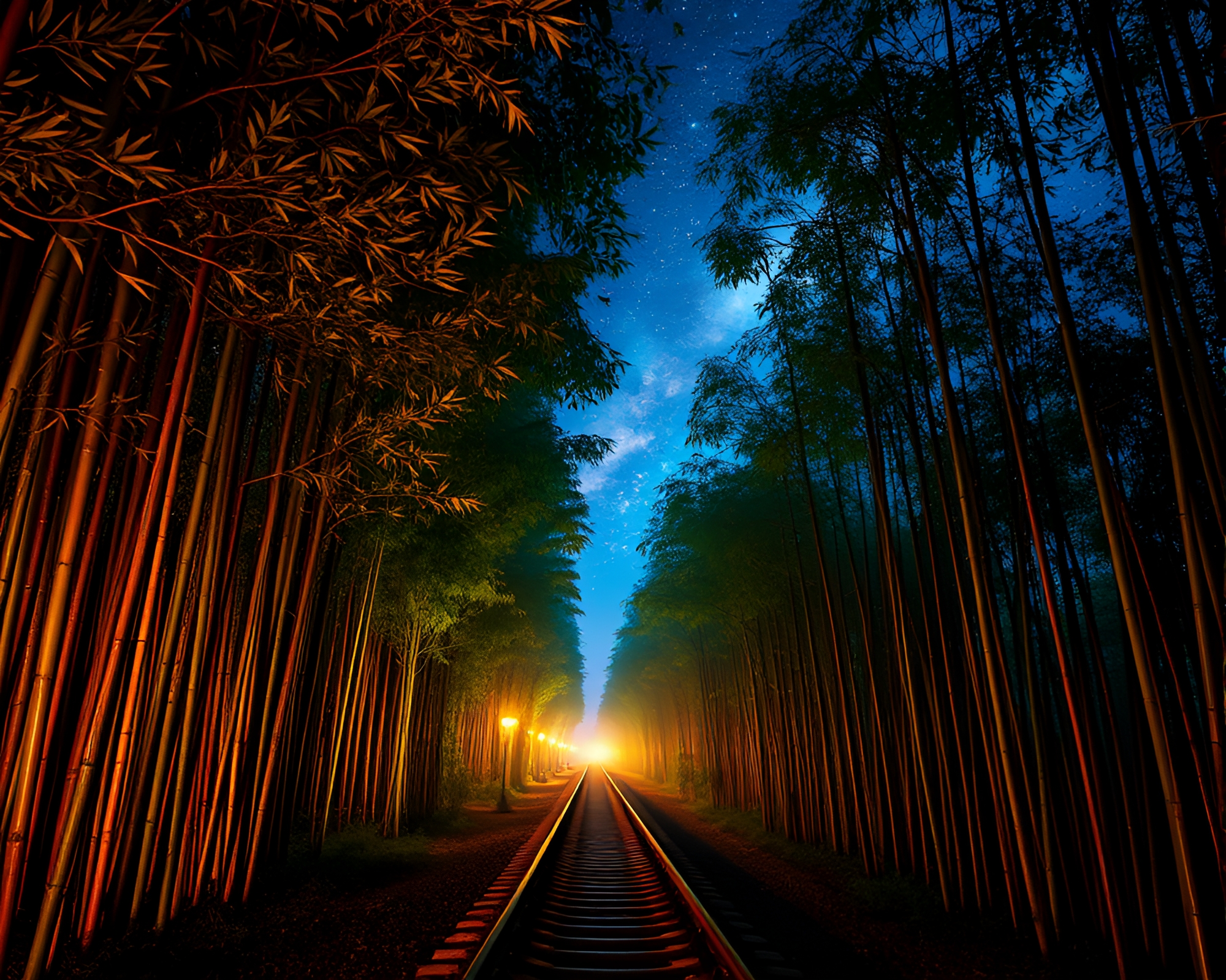Bamboo Grove Train Light Trails Cosmic Nebula Scene – free AI stock image