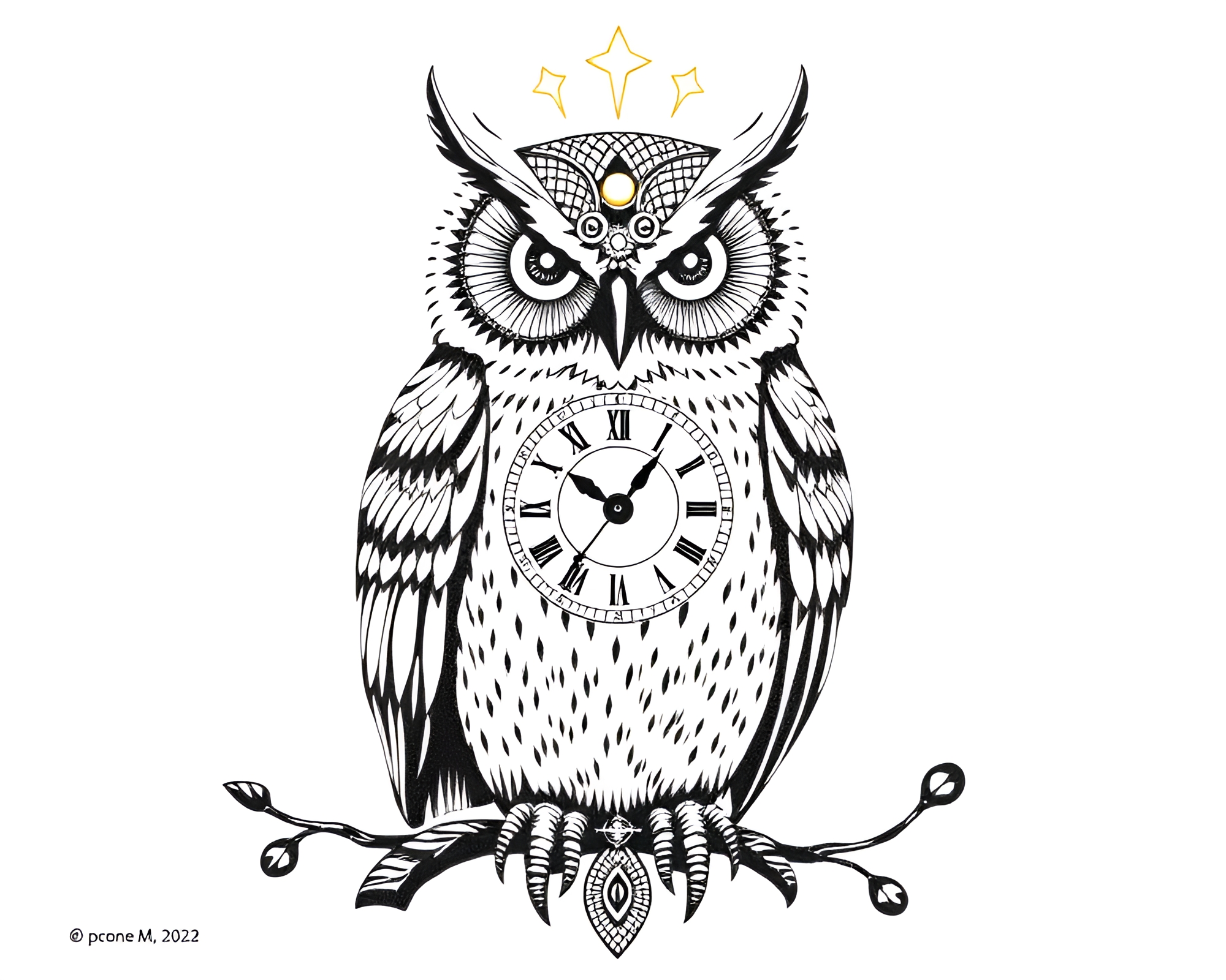 Clockwork Owl Beadwork Accents Linocut Print Illustration – free AI stock image