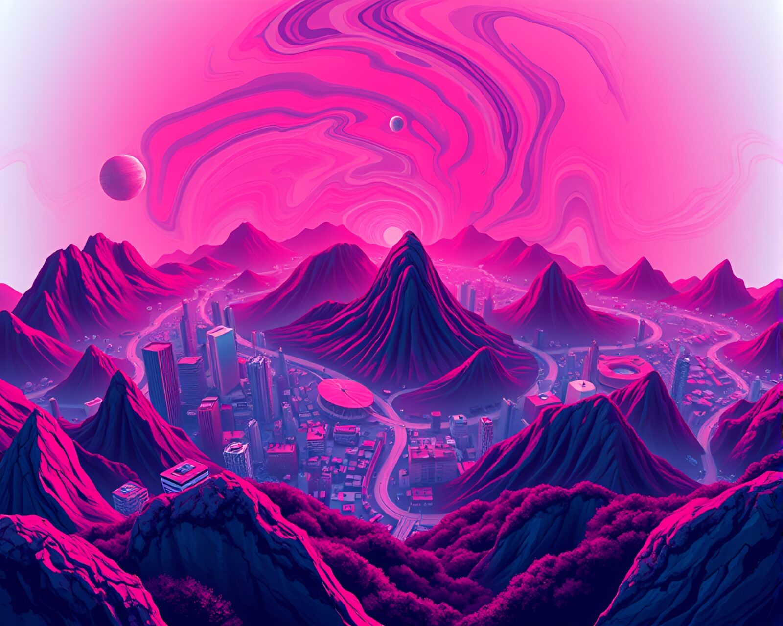 Panoramic view of mesmerizing red-blue swirl in isometric style