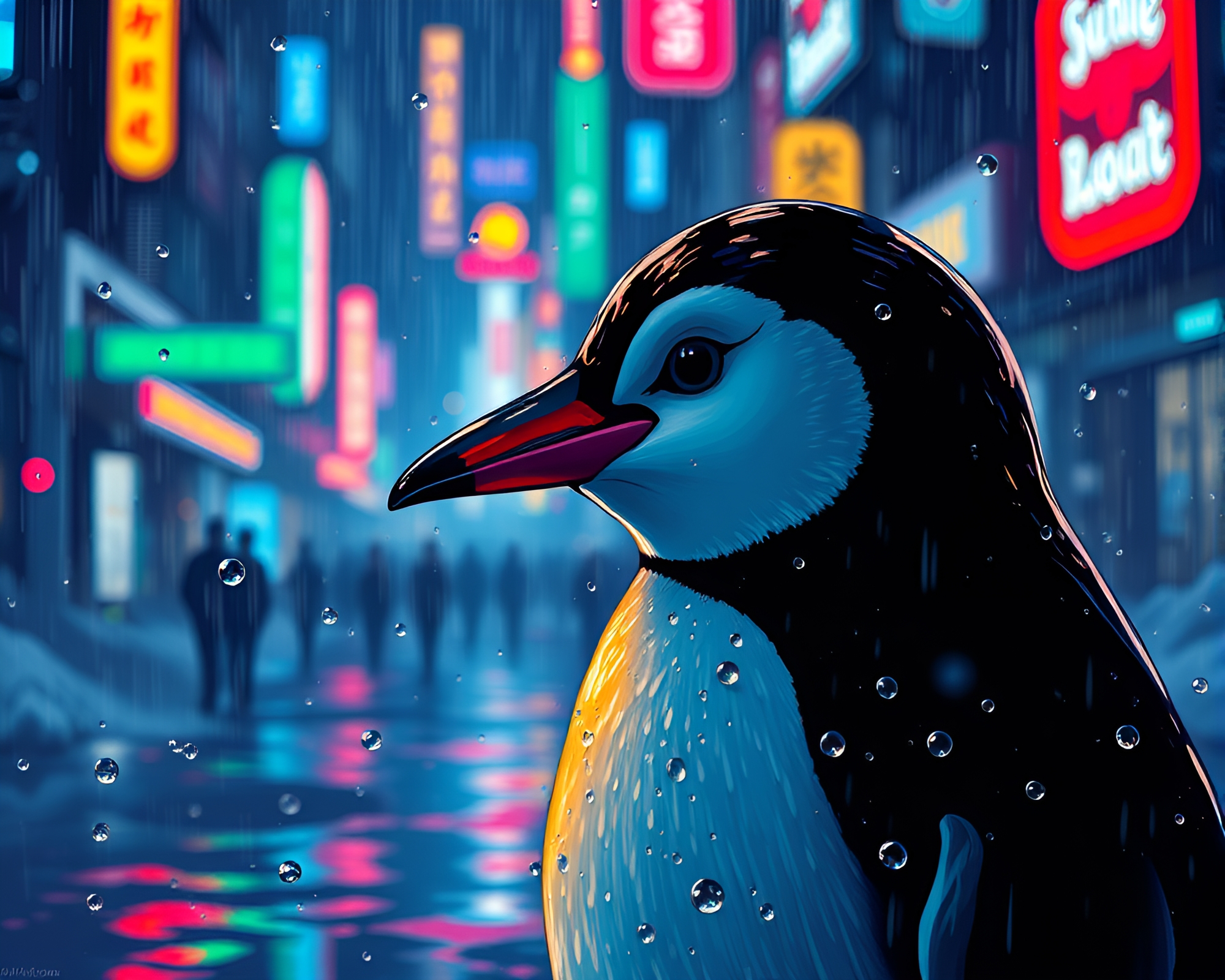 Neon Penguin in Manga City with Water Droplets – free AI stock image