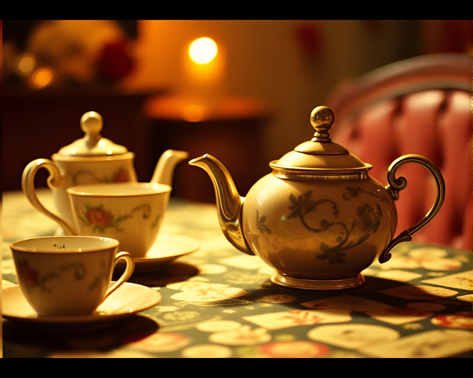 Retro film grain image of Alice in Wonderland tea set