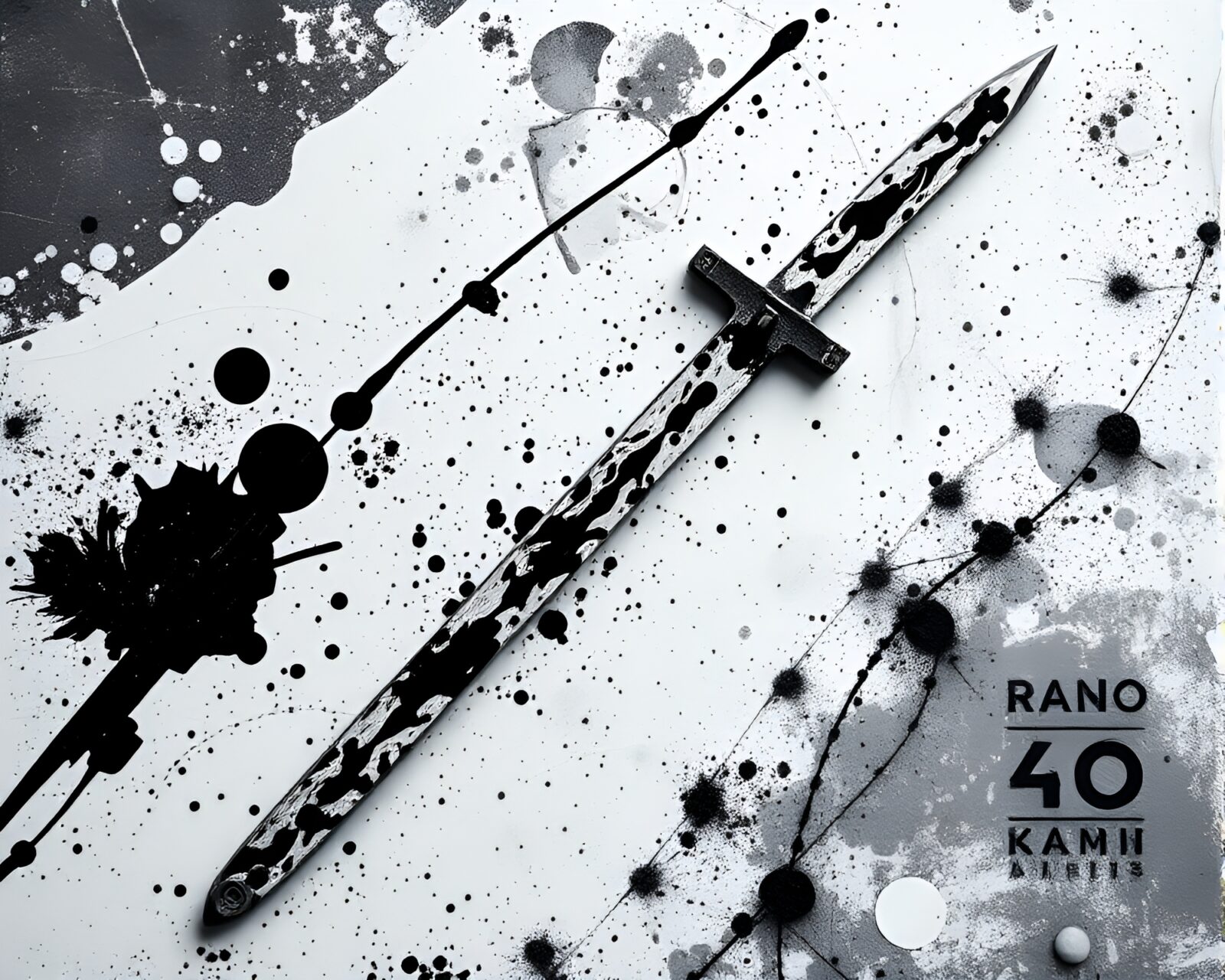 High-angle view of warrior with sword in black and white paint splatter ambiance