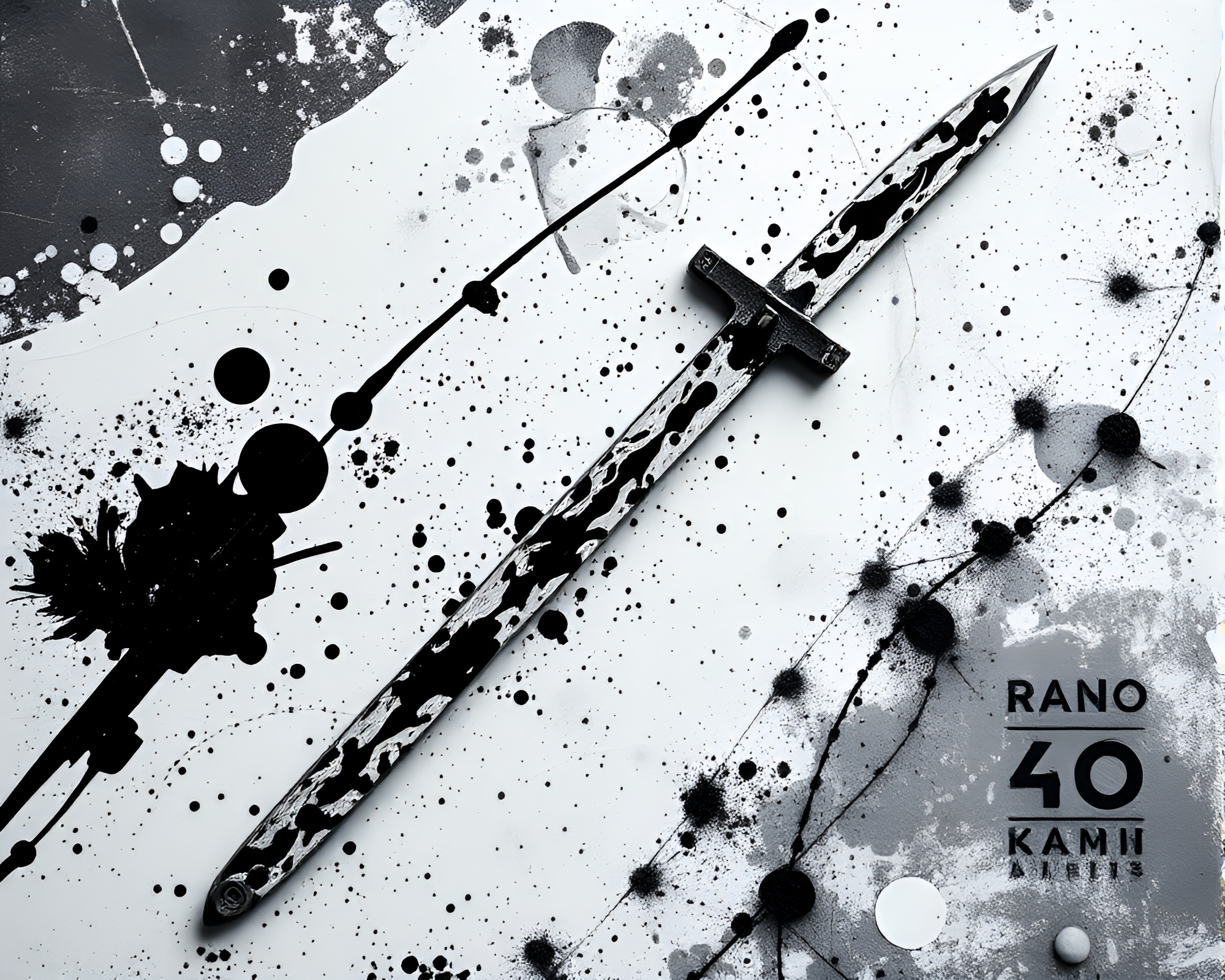 Sword-Wielding Warrior in Monochrome Paint Splatter Scene – free AI stock image