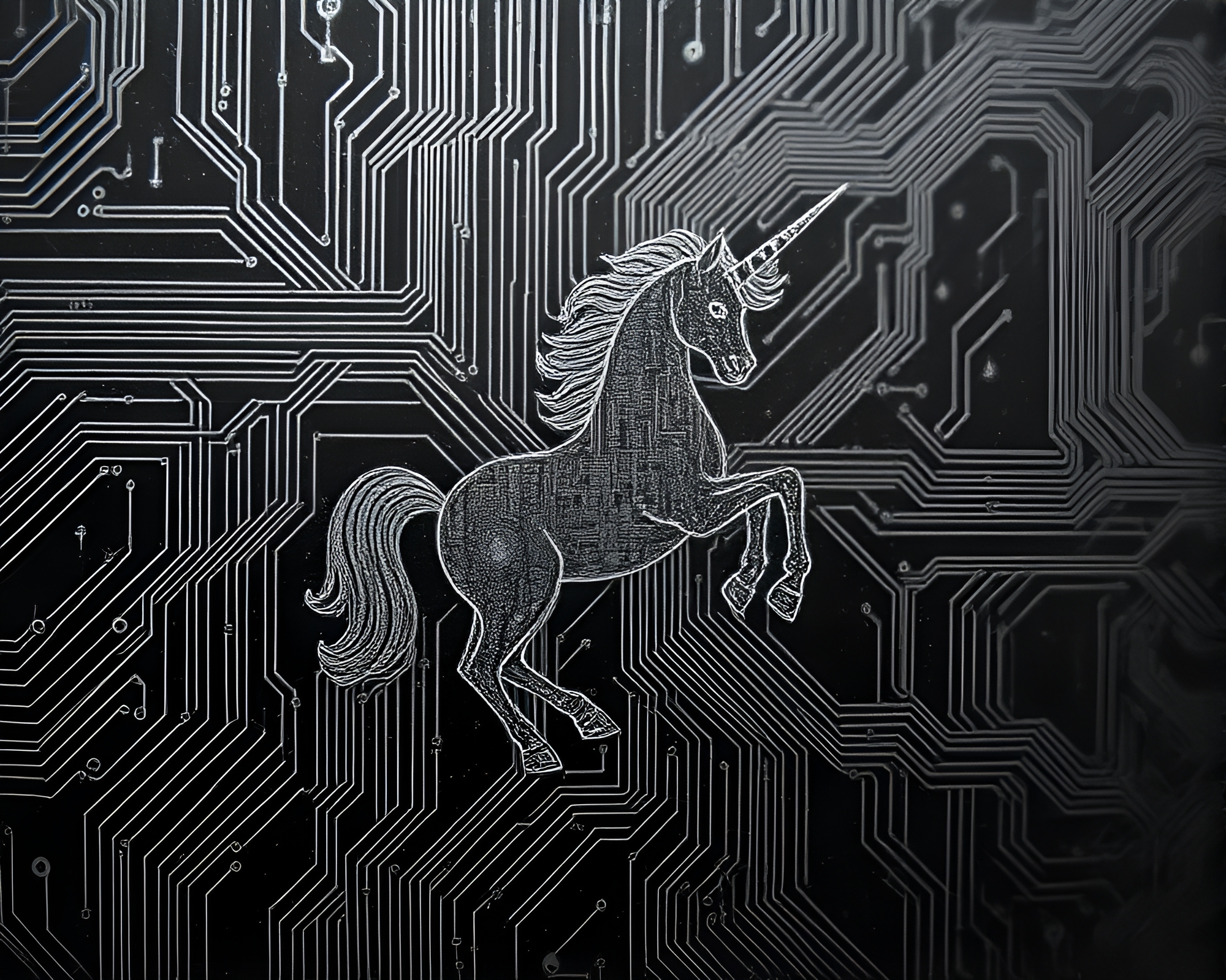 Grisaille Unicorn on Circuit Board, Grainy Film Aesthetic – free AI stock image