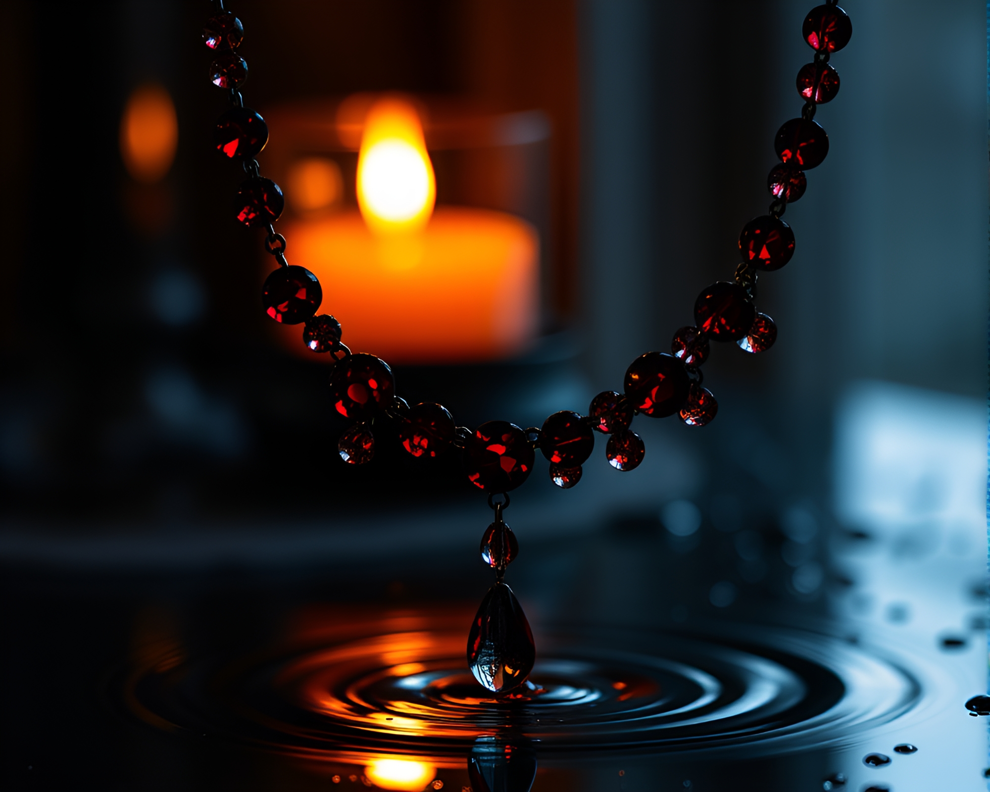 Candlelit Ruby Red Water Droplets Necklace Composition – free AI stock image