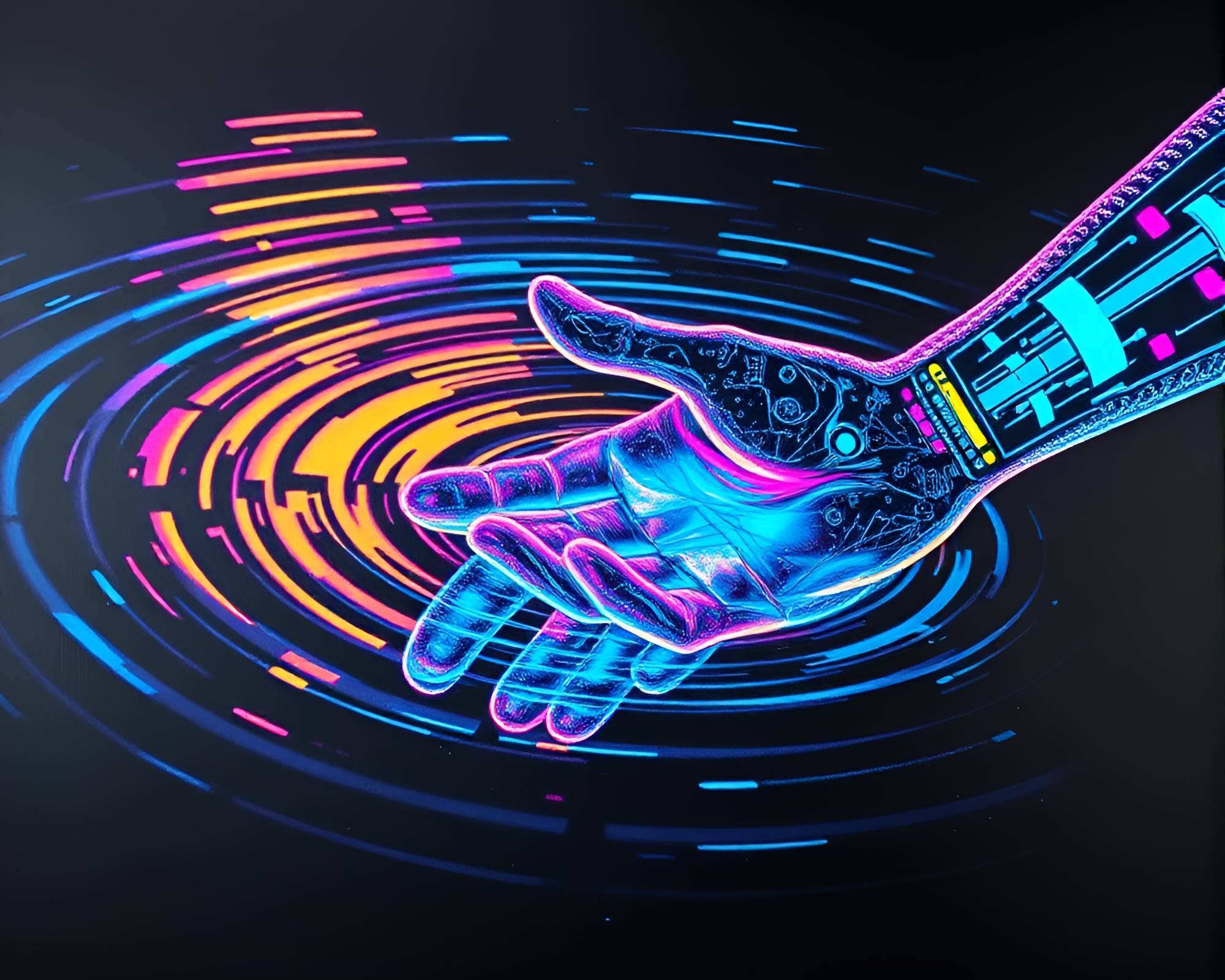 Neon Cybernetic Hand Reflection Ripples – free AI stock image