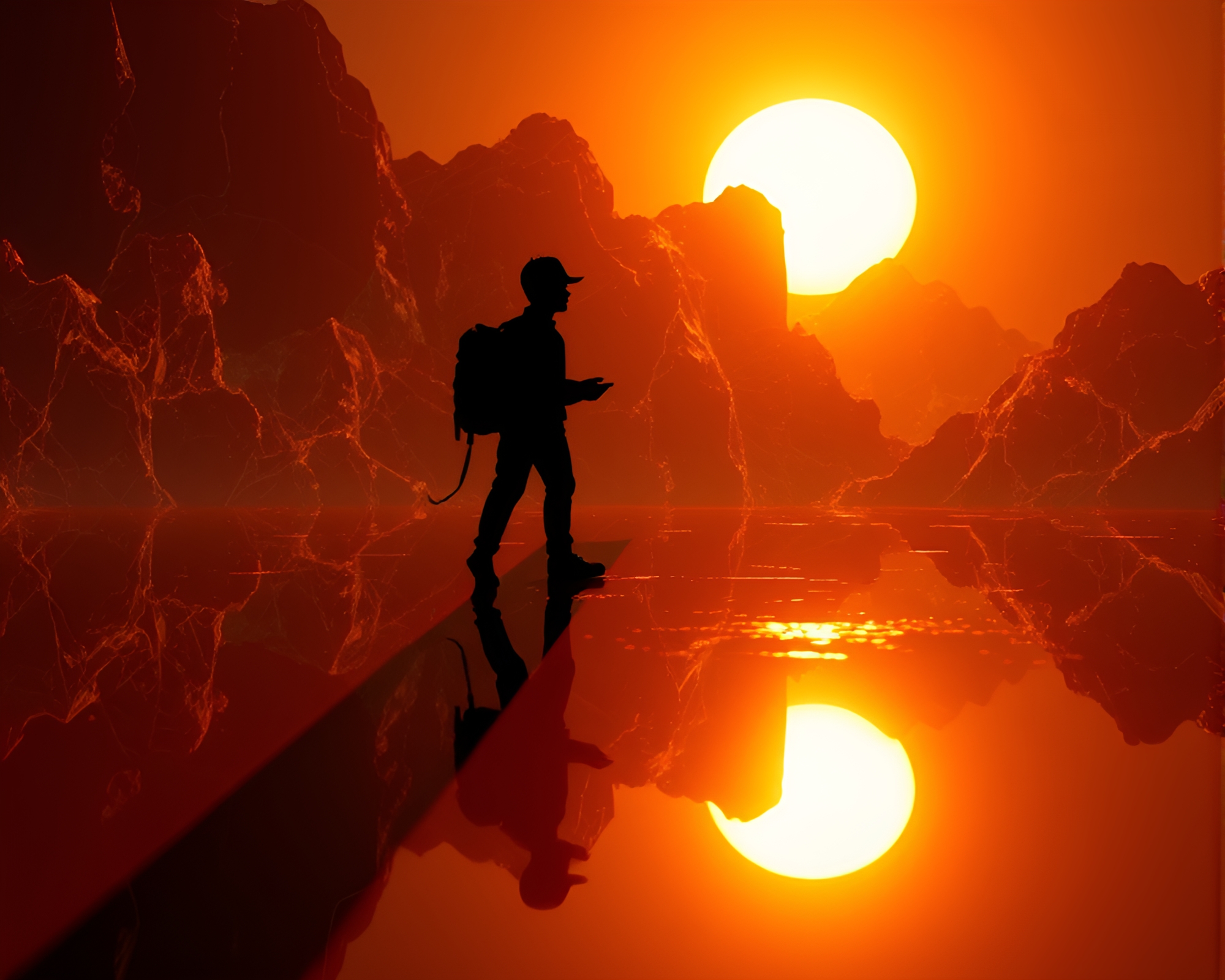 Time Traveler’s Fractal Glow Reflection Silhouette – free AI stock image