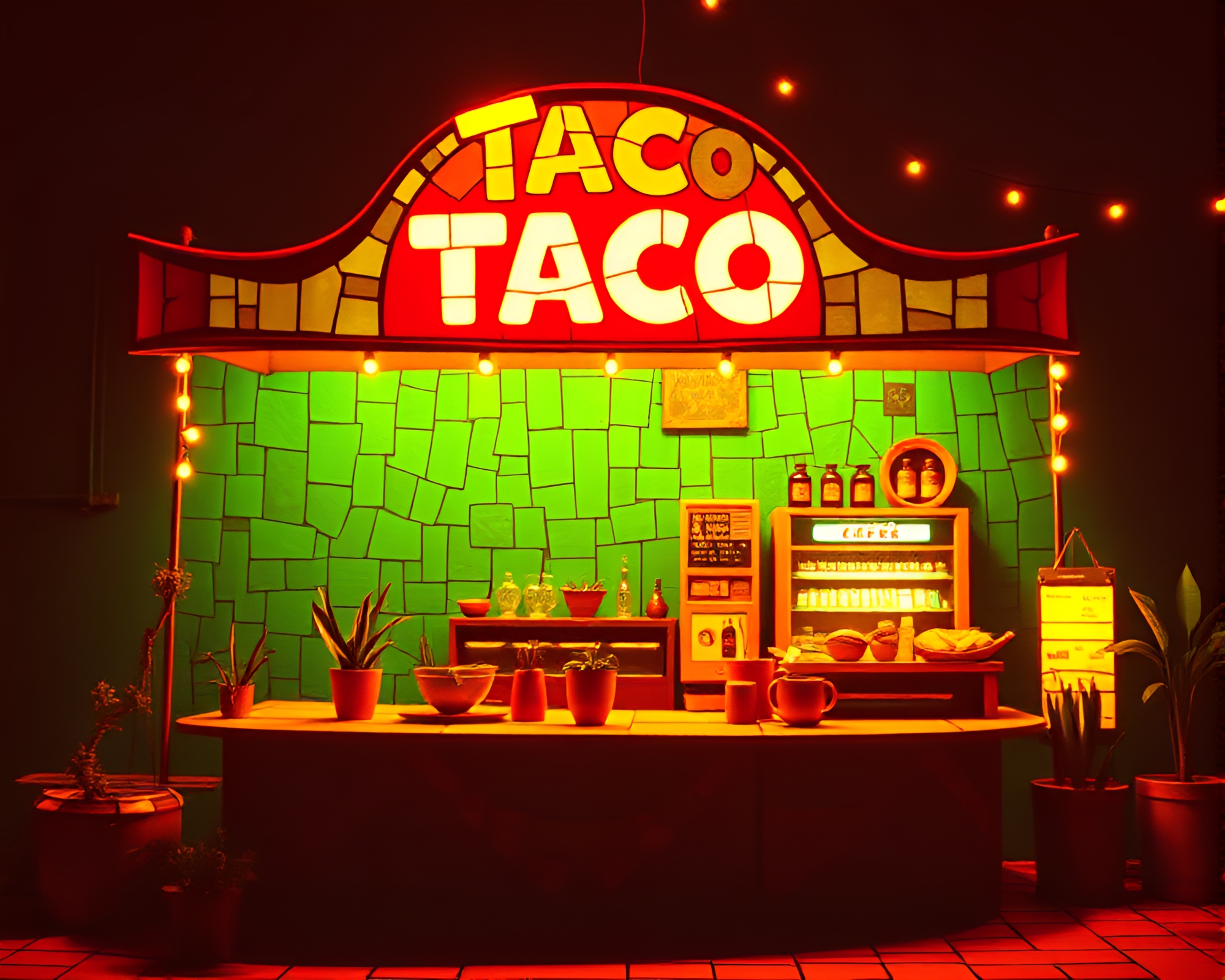 Fragmented Mosaic Taco Stand in Necromantic 80s VHS Style – free AI stock image