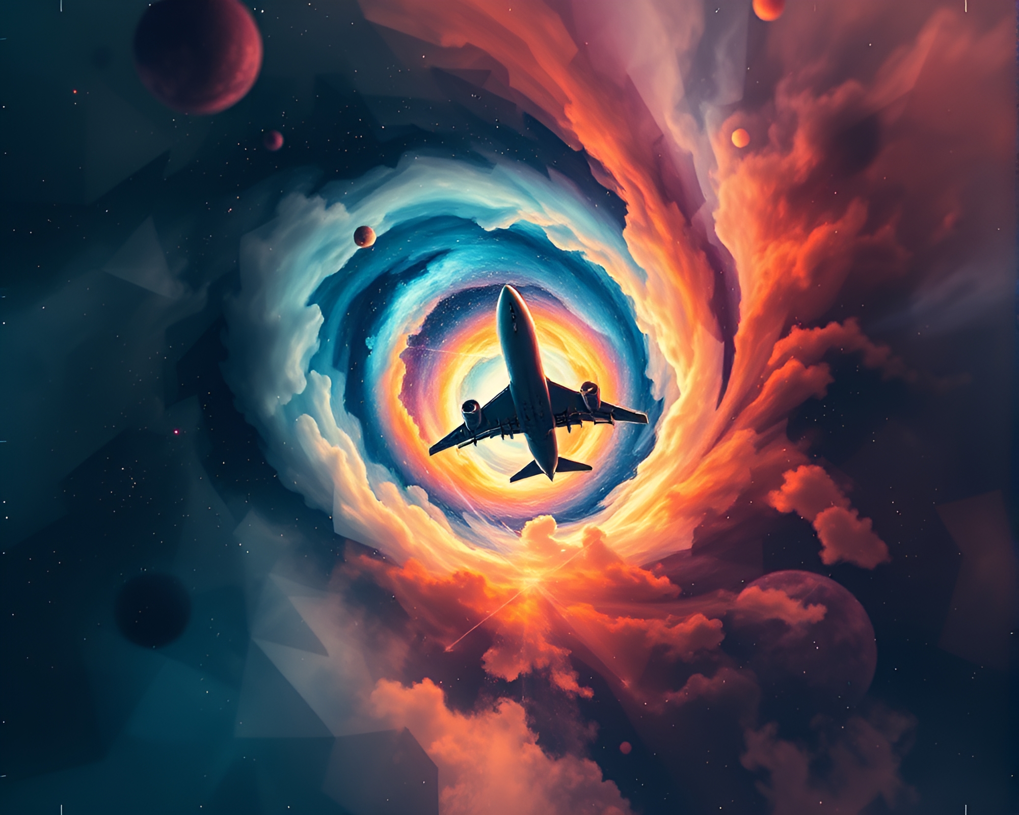 Twisting Vortex Airplane in Cosmic Dust Geometric Abstraction – free AI stock image