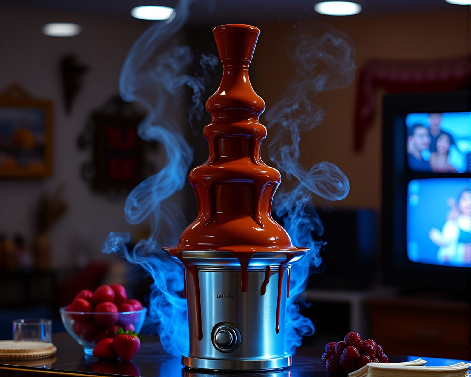 Photorealistic image of chocolate fountain in pixelated surroundings