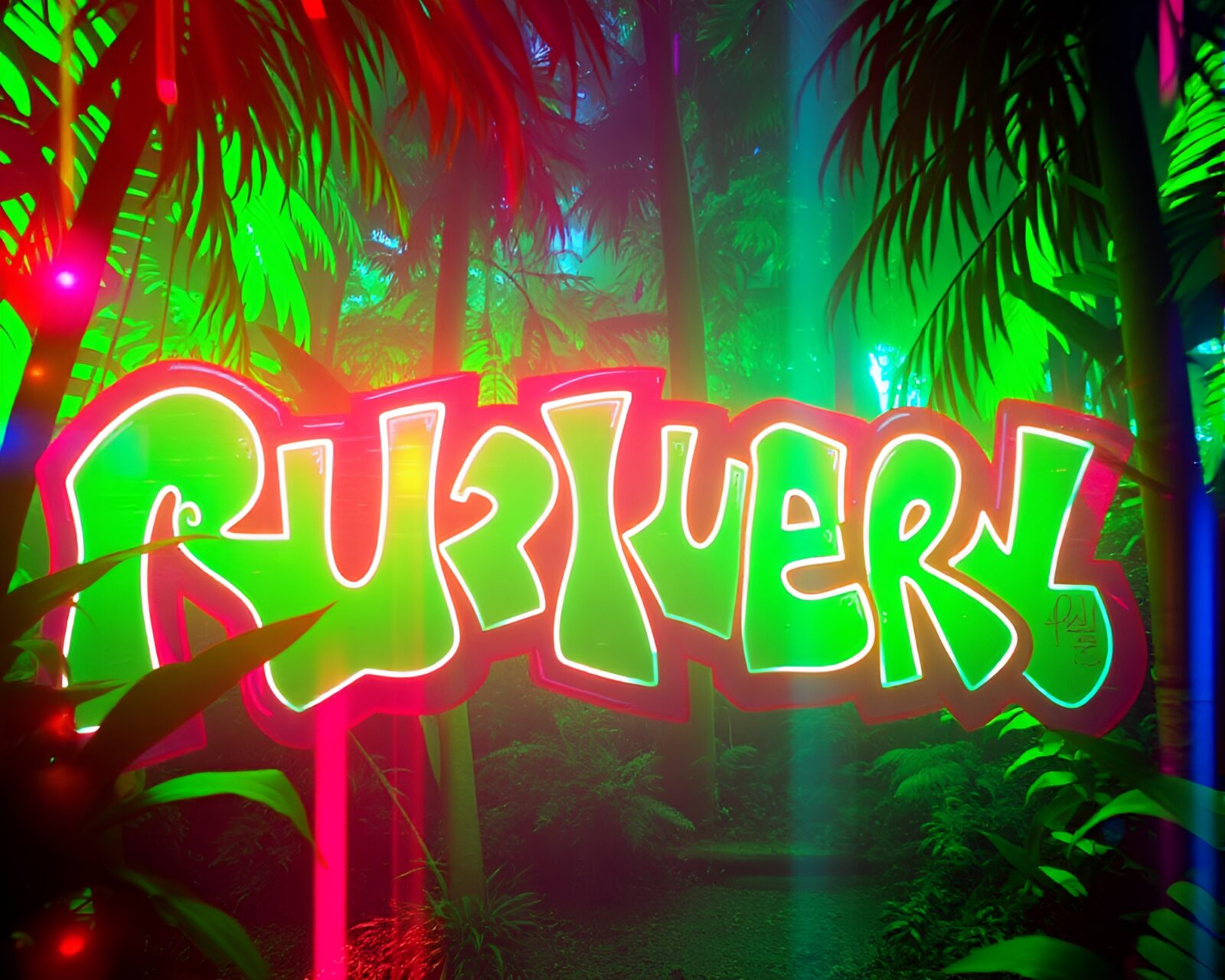 Vibrant neon graffiti in a holographic rainforest setting